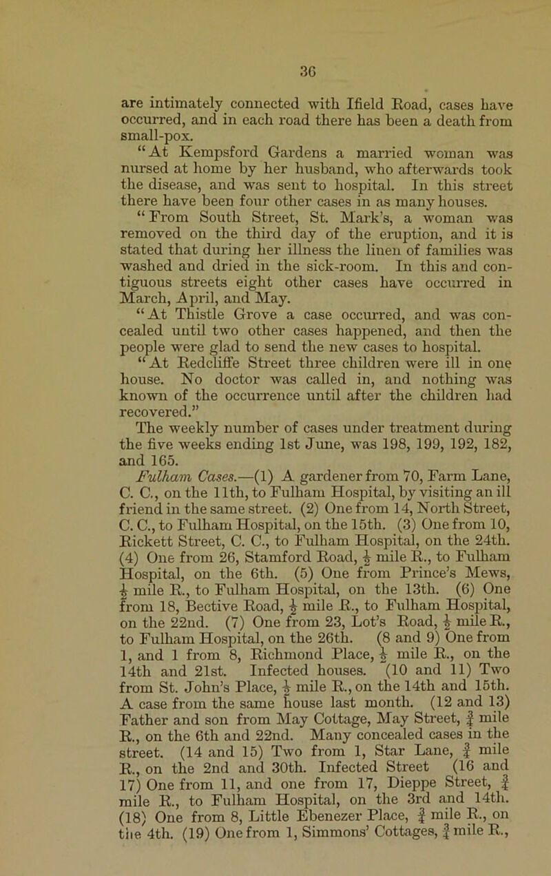 3G are intimately connected with Ifield Eoad, cases have occurred, and in each road there has been a death from small-pox. “At Kempsford Gardens a married woman was nursed at home by her husband, who afterwards took the disease, and was sent to hospital. In this street there have been four other cases in as many houses. “ From South Street, St. Mark’s, a woman was removed on the third day of the eruption, and it is stated that during her illness the linen of families was washed and dried in the sick-room. In this and con- tiguous streets eight other cases have occurred in March, April, and May. “At Thistle Grove a case occurred, and was con- cealed until two other cases happened, and then the people were glad to send the new cases to hospital. “ At Eedcliffe Street three children were ill in one; house. No doctor was called in, and nothing was known of the occurrence until after the children had recovered.” The weekly number of cases under treatment during the five weeks ending 1st June, was 198, 199, 192, 182, and 165. Fulham Cases.—(1) A gardener from 70, Farm Lane, C. C., on the 11th, to Fulham Hospital, by visiting an ill friend in the same street. (2) One from 14, North Street, C. C., to Fulham Hospital, on the 15th. (3) One from 10, Eickett Street, C. C., to Fulham Hospital, on the 24th. (4) One from 26, Stamford Eoad, h mile E., to Fulham Hospital, on the 6th. (5) One from Prince’s Mews, £ mile E., to Fulham Hospital, on the 13th. (6) One from 18, Bective Eoad, \ mile E., to Fulham Hospital, on the 22nd. (7) One from 23, Lot’s Eoad, l mileE., 1, and 1 from 8, Eichmond Place, ^ 14th and 21st. Infected houses. (10 and 11) Two from St. John’s Place, \ mile E., on the 14th and 15th. A case from the same house last month. (12 and 13) Father and son from May Cottage, May Street, f mile E., on the 6th and 22nd. Many concealed cases in the E., on the 2nd and 30th. Infected Street (16 and 17) One from 11, and one from 17, Dieppe Street, f mile E., to Fulham Hospital, on the 3rd and 14th. (18) One from 8, Little Ebenezer Place, f mile E., on tiie 4th. (19) One from 1, Simmons’ Cottages, f mile E., to Fulham Hospital, on the 26th.