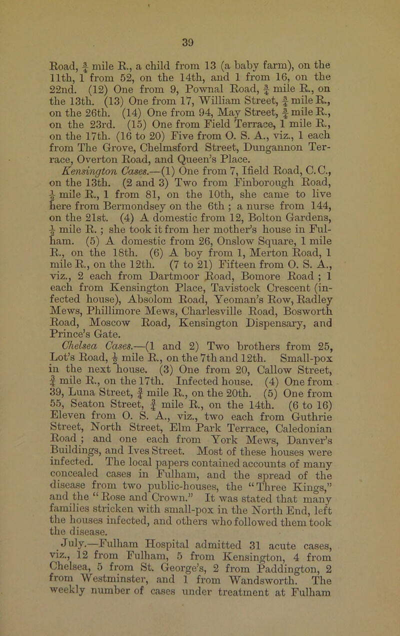 Roacl, £ mile R., a child from 13 (a baby farm), on the 11th, 1 from 52, on the 14th, and 1 from 16, on the 22nd. (12) One from 9, Pownal Road, £ mile R., on the 13th. (13) One from 17, William Street, fmileR., on the 26th. (14) One from 94, May Street, £ mile R., on the 23rd. (15) One from Field Terrace, 1 mile R., on the 17th. (16 to 20) Five from O. S. A., viz., 1 each from The Grove, Chelmsford Street, Dungannon Ter- race, Overton Road, and Queen’s Place. Kensington Cases.—(1) One from 7, Ifield Road, C.C., on the 13th. (2 and 3) Two from Finborough Road, i mile R., 1 from 81, on the 10th, she came to live here from Bermondsey on the 6th ; a nurse from 144, on the 21st. (4) A domestic from 12, Bolton Gardens, -l- mile R.; she took it from her mother’s house in Ful- ham. (5) A domestic from 26, Onslow Square, 1 mile R., on the 18th. (6) A boy from 1, Merton Road, 1 mile R., on the 12th. (7 to 21) Fifteen from O. S. A., viz., 2 each from Dartmoor Road, Bomore Road ; 1 each from Kensington Place, Tavistock Crescent (in- fected house), Absolom Road, Yeoman’s Row, Radley Mews, Phillimore Mews, Charlesville Road, Bosworth Road, Moscow Road, Kensington Dispensary, and Prince’s Gate. Chelsea Cases.—(1 and 2) Two brothers from 25, Lot’s Road, -Jr mile R., on the 7th and 12th. Small-pox in the next house. (3) One from 20, Callow Street, -f mile R., on the 17th. Infected house. (4) One from 39, Luna Street, f mile R., on the 20th. (5) One from 55, Seaton Street, f mile R., on the 14th. (6 to 16) Eleven from O. S. A., viz., two each from Guthrie Street, North Street, Elm Park Terrace, Caledonian Road ; and one each from York Mews, Danver’s Buildings, and Ives Street. Most of these houses were infected. The local papers contained accounts of many concealed cases in Fulham, and the spread of the disease from two public-houses, the “Three Kings,” and the “ Rose and Crown.” It was stated that many families stricken with small-pox in the North End, left the houses infected, and others who followed them took the disease. July.—Fulham Hospital admitted 31 acute cases, viz., 12 from Fulham, 5 from Kensington, 4 from Chelsea, 5 from St. George’s, 2 from Paddington, 2 from Westminster, and 1 from Wandsworth. The weekly number of cases under treatment at Fulham