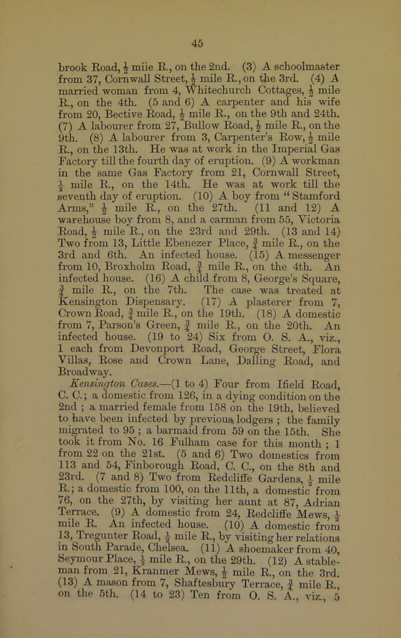 brook Road, | mile R., on the 2nd. (3) A schoolmaster from 37, Cornwall Street, b mile R.,on the 3rd. (4) A married woman from 4, Whitechurch Cottages, b mile R., on the 4th. (5 and 6) A carpenter and his wife from 20, Bective Road, b mile R., on the 9th and 24th. (7) A labourer from 27, Bullow Road, 5 mile R., on the 9th. (8) A labourer from 3, Carpenter’s Row, b mile R., on the 13th. He was at work in the Imperial Gas Factory till the fourth day of eruption. (9) A workman in the same Gas Factory from 21, Cornwall Street, i mile R., on the 14th. He was at work till the seventh day of eruption. (10) A boy from “ Stamford Arms,” \ mile R., on the 27th. (11 and 12) A warehouse boy from 8, and a carman from 55, Victoria Road, b mile R., on the 23rd and 29th. (13 and 14) Two from 13, Little Ebenezer Place, f mile R., on the 3rd and 6th. An infected house. (15) A messenger from 10, Broxholm Road, f mile R., on the 4th. An infected house. (16) A child from 8, George’s Square, f mile R., on the 7th. The case was treated at Kensington Dispensary. (17) A plasterer from 7, Crown Road, f mile R., on the 19th. (18) A domestic from 7, Parson’s Green, f mile R., on the 20th. An infected house. (19 to 24) Six from 0. S. A., viz., 1 each from Devonport Road, George Street, Flora Villas, Rose and Crown Lane, Dalling Road, and Broadway. Kensington Cases.—(1 to 4) Four from Ifield Road, C. C.; a domestic from 126, in a dying condition on the 2nd ; a married female from 158 on the 19th, believed to have been infected by previous lodgers ; the family migrated to 95 ; a barmaid from 59 on the 15th. She took it from No. 16 Fulham case for this month ; 1 from 22 on the 21st. (5 and 6) Two domestics from 113 and 54, Finborough Road, C. C., on the 8th and 23rd. (7 and 8) Two from Redcliffe Gardens, | mile R.; a domestic from 100, on the 11th, a domestic from 76, on the 27th, by visiting her aunt at 87, Adrian Terrace. (9) A domestic from 24, Redcliffe Mews, -} mile R. An infected house. (10) A domestic from 13, Tregunter Road, a mile R., by visiting her relations in South Parade, Chelsea. (11) A shoemaker from 40, Seymour Place, \ mile R., on the 29th. (12) A stable- man from 21, Kranmer Mews, b mile R, on the 3rd. (13) A mason from 7, Shaftesbury Terrace, | mile R, on the 5th. (14 to 23) Ten from O. S. A., viz., 5
