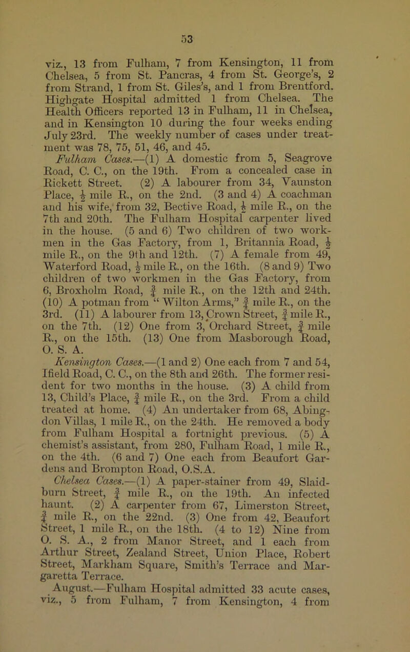 r>3 viz., 13 from Fulham, 7 from Kensington, 11 from Chelsea, 5 from St. Pancras, 4 from St. George’s, 2 from Strand, 1 from St. Giles’s, and 1 from Brentford. Highgate Hospital admitted 1 from Chelsea. The Health Officers reported 13 in Fulham, 11 in Chelsea, and in Kensington 10 during the four weeks ending July 23rd. The weekly number of cases under treat- ment was 78, 75, 51, 46, and 45. Fulham Cases.—(1) A domestic from 5, Seagrove Road, C. C., on the 19th. From a concealed case in Rickett Street. (2) A labourer from 34, Vaunston Place, £ mile R., on the 2nd. (3 and 4) A coachman and his wife, from 32, Bective Road, 4 mile R., on the 7th and 20th. The Fulham Hospital carpenter lived in the house. (5 and 6) Two children of two work- men in the Gas Factory, from 1, Britannia Road, 4 mile R., on the 91 h and 12th. (7) A female from 49, Waterford Road, 4 mile R., on the 16th. (8 and 9) Two children of two workmen in the Gas Factory, from 6, Broxholm Road, f mile R., on the 12th and 24th. (10) A potman from “ Wilton Arms,” f mile R., on the 3rd. (11) A labourer from 13, Crown Street, -f mile R., on the 7th. (12) One from 3, Orchard Street, f mile R., on the 15th. (13) One from Masborough Road, O. S. A. Kensington Cases.—(1 and 2) One each from 7 and 54, Ifield Road, C. C., on the 8th and 26th. The former resi- dent for two months in the house. (3) A child from 13, Child’s Place, f mile R., on the 3rd. From a child treated at home. (4) An undertaker from 68, Abing- don Villas, 1 mile R., on the 24th. He removed a body from Fulham Hospital a fortnight previous. (5) A chemist’s assistant, from 280, Fulham Road, 1 mile R., on the 4th. (6 and 7) One each from Beaufort Gar- dens and Brompton Road, O.S.A. Chelsea Cases.—(1) A papei'-stainer from 49, Slaid- burn Street, § mile R., on the 19th. An infected haunt. (2) A carpenter from 67, Limerston Street, | mile R., on the 22nd. (3) One from 42, Beaufort Street, 1 mile R., on the 18th. (4 to 12) Nine from O. S. A., 2 from Manor Street, and 1 each from Arthur Street, Zealand Street, Union Place, Robert Street, Markham Square, Smith’s Terrace and Mar- garetta Terrace. August.—Fulham Hospital .admitted 33 acute cases,