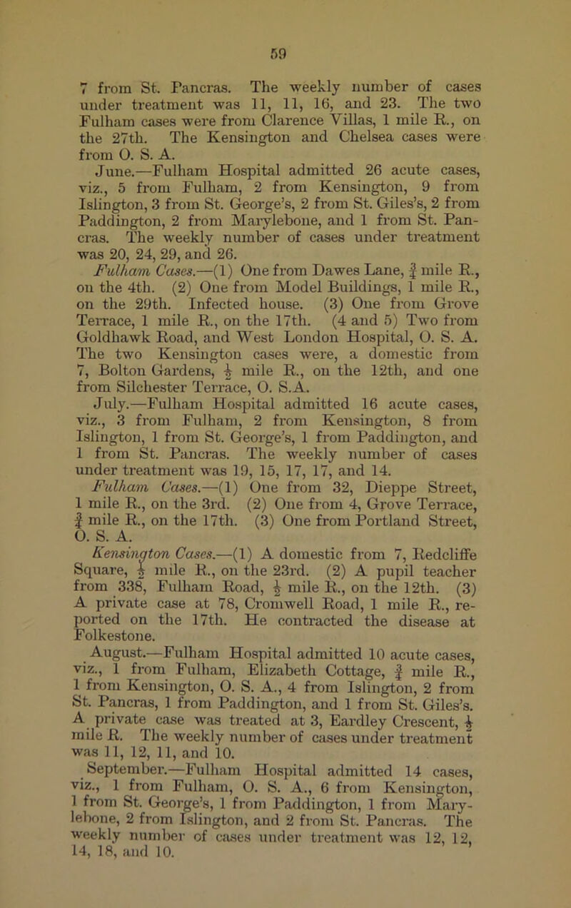 7 from St. Paneras. The weekly number of cases under treatment was 11, 11, 16, and 23. The two Fulham cases were from Clarence Villas, 1 mile R, on the 27th. The Kensington and Chelsea cases were from O. S. A. June.—Fulham Hospital admitted 26 acute cases, viz., 5 from Fulham, 2 from Kensington, 9 from Islington, 3 from St. George’s, 2 from St. Giles’s, 2 from Paddington, 2 from Marylebone, and 1 from St. Pan- eras. The weekly number of cases under treatment was 20, 24, 29, and 26. Fulham Cases.—(1) One from Dawes Lane, -f mile R, on the 4th. (2) One from Model Buildings, 1 mile R, on the 29th. Infected house. (3) One from Grove Terrace, 1 mile R, on the 17th. (4 and 5) Two from Goldhawk Koad, and West London Hospital, O. S. A. The two Kensington cases were, a domestic from 7, Bolton Gardens, -g- mile R, on the 12th, and one from Silchester Terrace, 0. S.A. July.—Fulham Hospital admitted 16 acute cases, viz., 3 from Fulham, 2 from Kensington, 8 from Islington, 1 from St. George’s, 1 from Paddington, and 1 from St. Paneras. The weekly number of cases under treatment was 19, 15, 17, 17, and 14. Fulham Cases.—(1) One from 32, Dieppe Street, 1 mile R, on the 3rd. (2) One from 4, Grove Terrace, f mile R, on the 17th. (3) One from Portland Street, O. S. A. Kensinaton Cases.—(1) A domestic from 7, Kedcliffe Square, i mile R, on the 23rd. (2) A pupil teacher from 338, Fulham Koad, £ mile R., on the 12th. (3) A private case at 78, Cromwell Road, 1 mile R, re- ported on the 17th. He contracted the disease at Folkestone. August.—Fulham Hospital admitted 10 acute cases, viz., 1 from Fulham, Elizabeth Cottage, f mile R, 1 from Kensington, 0. S. A., 4 from Islington, 2 from St. Paneras, 1 from Paddington, and 1 from St. Giles’s. A private case was treated at 3, Eardley Crescent, £ mile R. The weekly number of cases under treatment was 11, 12, 11, and 10. September.—Fulham Hospital admitted 14 cases, viz., 1 from Fulham, 0. S. A., 6 from Kensington, 1 from St. George’s, 1 from Paddington, 1 from Mary- lebone, 2 from Islington, and 2 from St. Paneras. The weekly number of cases under treatment was 12, 12, 14, 18, and 10.