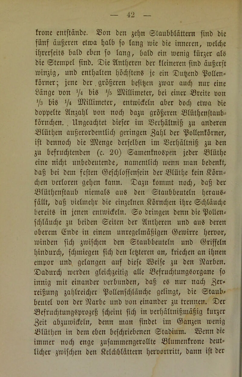 frone entffdnbe. 23on ben jefjn ©taubblättern finb bie fünf dufferen etroa ßafb fo fang tüte bie inneren, rcefeße ißrerfeitS bafb eben fo fang, bafb ein menig füqer afS bie «Stempel finb. «Die SKntßeren ber ffeineren finb äußerft minjig, unb entsaften fiodfjftenö je ein ®ußenb Rolfen* förner; jene ber.größeren befitjen jmar auch nur eine Sänge Oon V4 bis ‘/ö SUiiffimeter, bei einer Breite oon Vs bis V4 SJZiflinieter, entmiefefn aber bod) etroa bie boppefte Sfnjabf Pon nod) baju größeren 33fiitßenftaub= förneßen. , Ungeachtet biefer int SScrßäftniß 3U anberen ■Sfütßen außerorbentfid) geringen ,gaßf ber ‘’ßoffenförner, ift bennod) bie Stenge berfefben im 23erßäftniß ju ben 31t befrud)tcnben (c. 20) «SamenfnoSpen jeber iöfütße eine nid)t unbebeutenbe, nantentfid) menn man bebenff, baß bei bem feften ©efdjfoffenfein ber 33fütße fein Hörn* d)ett Oerforen geßen fann. ©0311 fommt noeß, baß ber ■Söfütßenftaub niemals aus ben Staubbeuteln ßerauS* fällt, baß üiefmeßr bie ein3cfnen ®örnd)en ifjre Sdjfäucße bereits in jenen entmiefdn. So bringen benn bie hoffen* fd)fäucße 31t beiben Seiten ber Sfntßeren unb aus beren oberem Gntbe in einem unregefmäßigen ©etoirre ßerüor, mittben fief) 3tuifd)en ben Staubbeutefn unb ©riffeln ßinbureß, fdjtniegett fid) ben festeren an, frieeßen an ißnett empor unb gefangen auf biefe Söeife 3U ben Farben. jDaburd) merben gfeid)jeitig affe S3efrud)tungSorganc fo innig mit einanber oerbunben, baß es nur nad) 3er* reißung gafjfreidjer fßoffenfdpudjc gelingt, bie Staub« beutef oon ber 9farbe unb Oon einanber 31t trennen. ®er S3efrud)tungSpro3eß fcßcint fidj in oerßäftnißntäßig fui^cr 3eit ab3umidefn, benn man finbet im ©anjett menig ■töfütßcn in bem eben befeßriebenen Stabium. SBcnn bie immer nod) enge 3ufammengeroffte S3fumenfrone beut* fießer smifeßen ben Sfefdibfättern ßeroortritt, bann ift ber