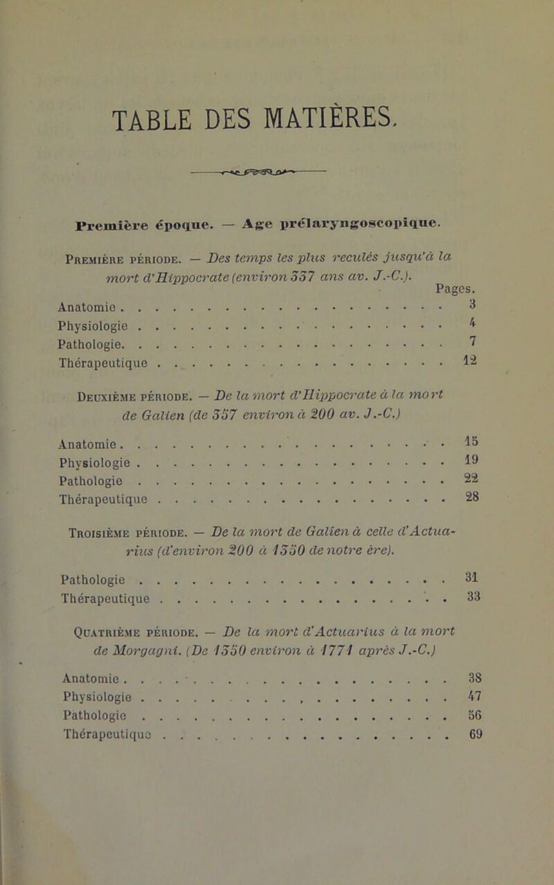 TABLE DES MATIÈRES. Première époque. — Age prélaryngoscopique. Première période. — Bes temps les plus reculés jusqu’à la mort d'Hippocrate (environ 337 ans av. J.-C.l. Pages. Anatomie 3 Physiologie ^ Pathologie Thérapeutique Deuxième période. — Be la mort d’Ilwpocrate à la mort de Galien (de 337 environ à 200 av. J.-C.) Anatomie -13 Physiologie 19 Pathologie 22 Thérapeutique 28 Troisième période. — Be la mort de Galien à celle d’Actua- rius (d'environ 200 à 1330 de notre ère). Pathologie 31 Thérapeutique . 33 Qü.vtrième période. — Be la mort d’Actuarius à la mort de Morgagni. (Be 1330 environ à 1771 après J.-C.) Anatomie. . . . ■ 38 Physiologie , 47 Pathologie 56 Thérapeutique 69