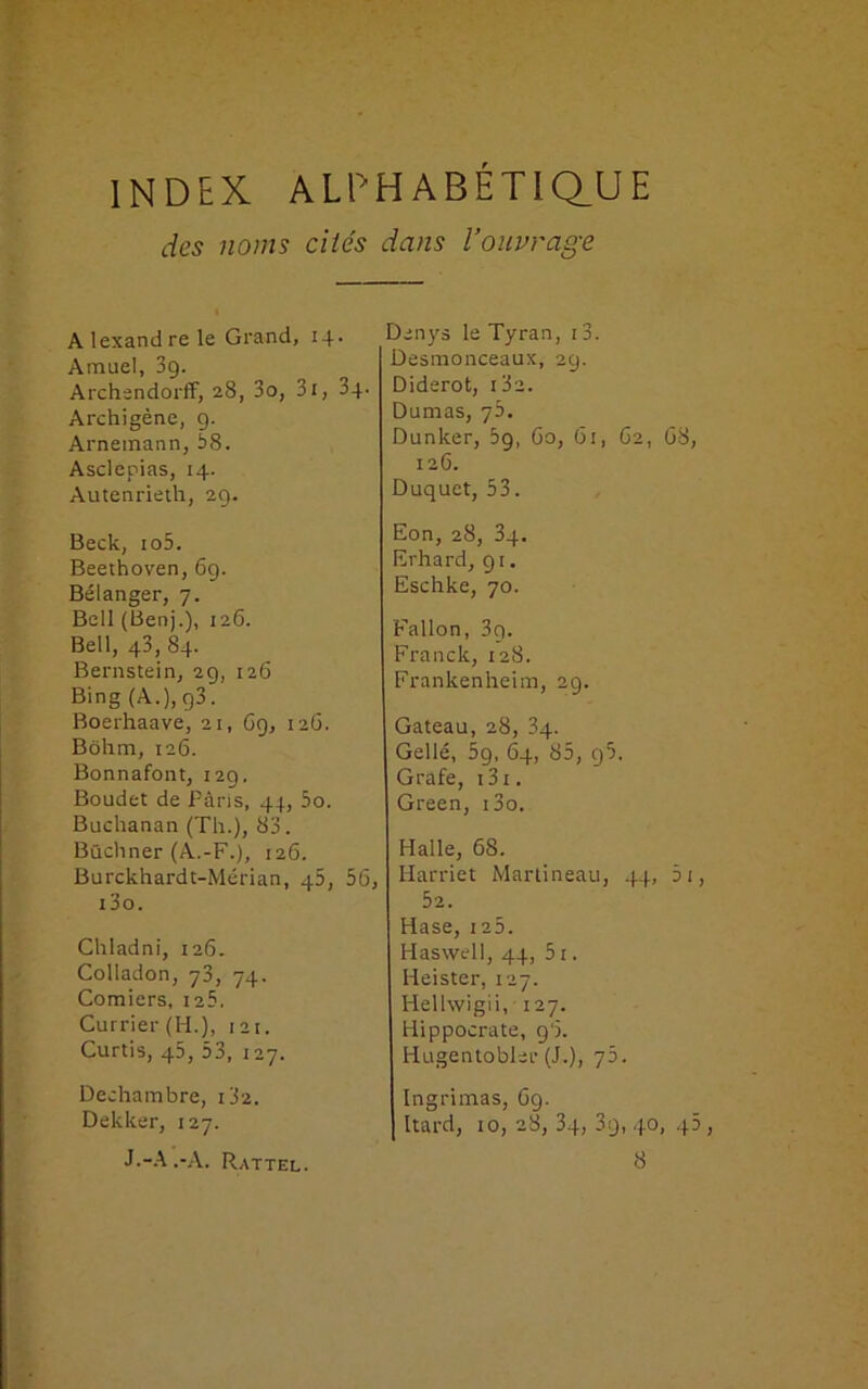INDEX ALPHABÉTI QU E des noms cités dans l’ouvrage A lexand re le Grand, 14- Amuel, 3g. Archendorff, 28, 3o, 31, 34- Archigène, 9. Arnetnann, 38. Asclepias, 14. Autenrieth, 29. Beck, io5. Beethoven, 6g. Bélanger, 7. Bell (Benj.), 126. Bell, 43, 84. Bernstein, 29, 126 Bing (A.), g3. Boerhaave, 21, 69, 126. Bôhm, 126. Bonnafont, 129. Boudet de Paris, 44, 5o. Buchanan (Th.), 83. Büchner (A.-F.), 126. Burckhardt-Mérian, 46, 56, i3o. Chladni, 126. Colladon, 73, 74. Comiers, 125. Currier (H.), 12t. Curtis, 45, 53, 127. Dechambre, 182. Dekker, 127. J.-A .-A. Rattel. Denys le Tyran, 13. Desmonceaux, 29. Diderot, i32. Dumas, 75. Dunker, 5g, 60, 61, 62, 68, 126. Duquet, 53. Eon, 28, 3g. Erhard, 91, Eschke, 70. Fallon, 3g. Franck, 128. Frankenheim, 29. Gateau, 28, 34. Gellé, 5g, 64, 85, g5. Grafe, 131. Green, i3o. Halle, 68. Harriet Martineau, 44, 5x, 52. Hase, 125. Haswell, 44, 5t. Heister, 127. Hellwigii, 127. Hippocrate, g‘5. Hugentoblei'(J.), jb. Ingrimas, 69. Itard, 10, 28, 34, 3g, 40, .p , 8