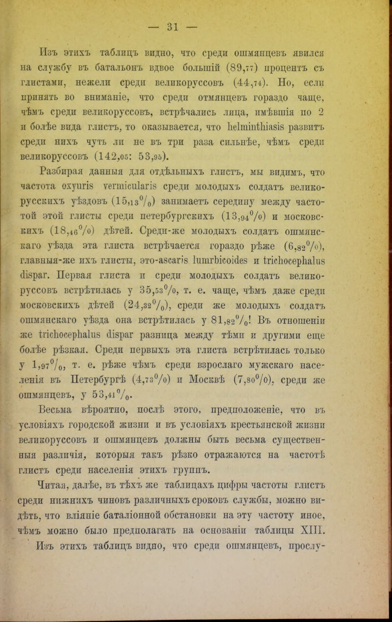 Изъ этихъ таблицъ видно, что среди ошмянцевъ явился на службу въ батальонъ вдвое болыпій (89,тт) процентъ съ глистами, нежели среди великоруссовъ (44,74). Но, если принять во вниманіе, что среди отмянцевъ гораздо чаще, чѣмъ среди великоруссовъ, встрѣчались лица, имѣвшія но 2 и болѣе вида глистъ, то оказывается, что Ііеітіпѣіііавіз раавитъ среди нихъ чуть ли не въ три раза сильнѣе, чѣмъ среди великоруссовъ (142,05: 53,95). Разбирая данныя для отдѣльныхъ глистъ, мы видимъ, что частота охуигіз ѵеппісиіагіз среди молодыхъ солдатъ велико- русскихъ уѣздовъ (15,із°/о) занимаетъ середину между часто- той этой глисты среди петербургскихъ (13,94%) и московс- кихъ (18,4б°Л>) дѣтей. Среди-же молодыхъ солдатъ ошмянс- каго уѣзда эта глиста встрѣчается гораздо рѣже (6,32%), главныя-же ихъ глисты, это-а8сагІ8 ІшнгЫсоіаез и ігісііосершііиз сіізраг. Первая глиста и среди молодыхъ солдатъ велико- руссовъ встрѣтилась у 35,53%, т. е. чаще, чѣмъ далге среди московекихъ дѣтей (24,зз%), среди же молодыхъ солдатъ ошмянскаго уѣзда она встрѣтилась у 81,82%! Въ отношеніи же ітісЬосерпаІиз сіізраг разница между тѣми и другими еще болѣе рѣзкая. Среди первыхъ эта глиста встрѣтилась только у 1,97°/о, т. е. рѣже чѣмъ среди взрослаго муягскаго насе- ленія въ Петербургѣ (4,73%) и Москвѣ (7,8о°/о). среди же ошмянцевъ, у 53,41%. Весьма вѣроятно, послѣ этого, предположеніе, что въ условіяхъ городской жизни и въ условіяхъ крестьянской жизни великоруссовъ и ошмянцевъ должны быть весьма существен- ныя различія, которыя такъ рѣзко отражаются на частотѣ глистъ среди населенія этихъ группъ. Читая, далѣе, въ тѣхъ же таблицахъ цифры частоты глистъ среди нижнихъ чиновъ различныхъ сроковъ службы, можно ви- дѣть, что вліяніе баталіонной обстановки на эту частоту иное, чѣмъ можно было предполагать на основаніи таблицы XIII. Изъ этихъ таблицъ видно, что среди ошмянцевъ, прослу-
