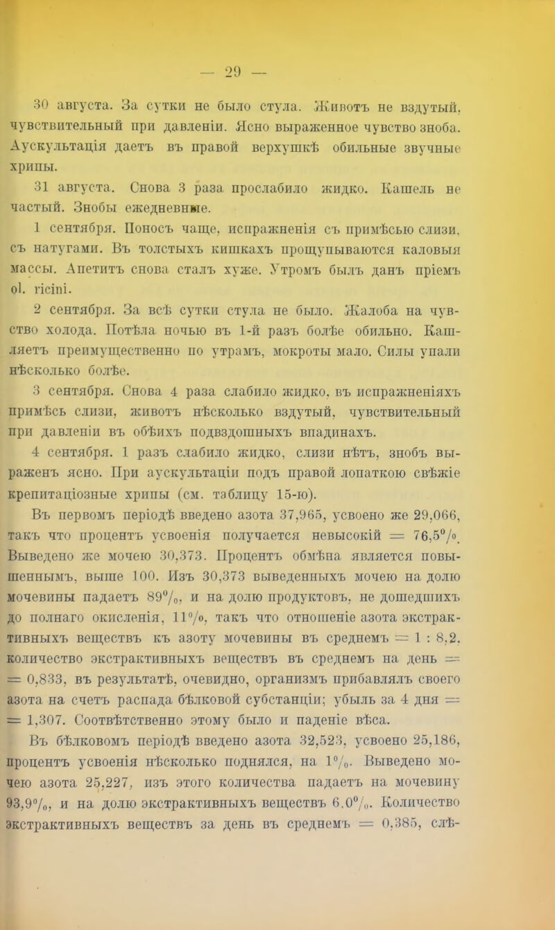 30 августа. За сутки не бы.ііо сту.ііа. Животъ не вздутый, чувствительный при давленіи. Ясно выраженное чувство зноба. Аускультація даетъ въ правой верхушкѣ обильные звучные хрипы. 31 августа. Снова 3 раза прослабило жидко. Кашель не частый. Знобы ежедневные. 1 сентября. Поносъ чаще, испражненія съ примѣсью слизи, съ натугами. Въ толстыхъ кишкахъ прощупываются каловыя массы. А петитъ снова сталъ хуже. Утромъ былъ данъ пріемъ о1. гісіпі. 2 сентября. За всѣ сутки сту.ла не бы.ло. Жалоба на чув- ство холода. Потѣла ночью въ 1-й разъ болѣе обильно. Каш- ляетъ преимущественно по утрамъ, мокроты мало. Силы упали нѣсколько бо.т[ѣе. 3 сентября. Снова 4 раза слабило жидко, въ испражненіяхъ примѣсь слизи, животъ нѣсколько вздутый, чувствительный при давленіи въ обѣихъ подвздошныхъ впадинахъ. 4 сентября. 1 разъ слабило жидко, слизи нѣтъ, знобъ вы- раженъ ясно. При аускультаціи подъ правой лопаткою свѣжіе крепитаціозные хрипы (см. таблицу 15-ю). Въ первомъ періодѣ введено азота 37,965, усвоено же 29,066, такъ что процентъ усвоенія получается невысокій = 76,5/о_ Выведено же мочею 30,373. Процентъ обмѣна является повы- шеннымъ, выше 100. Изъ 30,373 выведенныхъ мочею на долю мочевины падаетъ 897о? и на долю продуктовъ, не дошедшихъ до полнаго окис.)іенія, 1Р/; такъ что отношеніе азота экстрак- тивныхъ веществъ къ азоту мочевины въ среднемъ = 1 : 8,2. количество экстрактивныхъ веществъ въ среднемъ на день = = 0,833, въ результатѣ, очевидно, организмъ прибавлялъ своего азота на счетъ распада бѣлковой субстанціи; убыль за 4 дня = = 1,307. Соотвѣтственно этому было и паденіе вѣса. Въ бѣ.лковомъ періодѣ введено азота 32,523, усвоено 25,186, процентъ усвоенія нѣсколько поднялся, на І^/о- Выведено мо- чею азота 2.5,227, изъ этого количества падаетъ на мочевину 93,97о. и на долю экстрактивныхъ веществъ 6,07о- Количество экстрактивныхъ веществъ за день въ среднемъ = 0,385, слѣ-