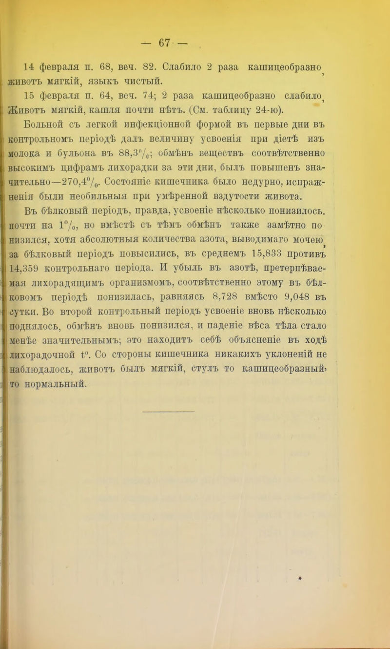 животъ мягкій, языкъ чистый. 15 февраля и. 64, веч. 74; 2 раза кашицеобразно слабило^ 1 Животъ мягкій, кашля почти нѣтъ. (См. таблицу 24-іо). Больной съ легкой инфекціонной формой въ первые дни въ ■ контрольномъ періодѣ далъ величину усвоенія при діетѣ изъ молока и бульона въ 88,37о; обмѣнъ веществъ соотвѣтственно I высокимъ цифрамъ лихорадки за эти дни, былъ повышенъ зна- : чительно—270,47о- Состояніе кишечника было недурно, испраж- ; ненія были необильныя при умѣренной вздутости живота. Въ бѣлковый періодъ, правда, усвоеніе нѣсколько понизилось. : почти на і7о, но вмѣстѣ съ тѣмъ обмѣнъ также замѣтно по ( низился, хотя абсолютныя количества азота, выводимаго мочею I за бѣлковый періодъ повысились, въ среднемъ 15,833 противъ 14,359 контрольнаго періода. И убыль въ азотѣ, претерпѣвае- мая лихорадящимъ организмомъ, соотвѣтственно этому въ бѣл- ковомъ періодѣ понизилась, равняясь 8,728 вмѣсто 9,048 въ сутки. Во второй контрольный періодъ усвоеніе вновь нѣсколько поднялось, обмѣнъ вновь понизился, и паденіе вѣса тѣла стало I менѣе значительнымъ; это находитъ себѣ объясненіе въ ходѣ І лихорадочной Со стороны кишечника никакихъ уклоненій не і наблюдалось, животъ былъ мягкій, стулъ то кашицеобразный» то нормальный. I
