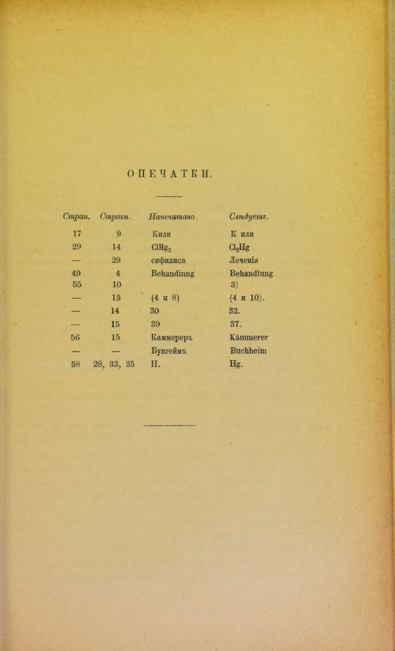 і I ОПЕЧАТКИ. Стран. Строки. Напечатано. С.іѣдуеіт. 17 9 Кили К или 29 14 СІНё2 СІаНб — 29 сифилиса Леченія 49 4 ВеЬапйіпп? ВеЬап(11ші8 55 10 3) — 13 (4 и 8) (4 и 10). — 14 30 32. — 15 39 Ъ1. 56 15 Каммереръ Каішпегег — — Бунгеймъ ВпсЫіеіга 58 28, 33, 35 Н. Нё. і