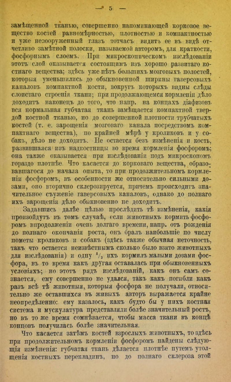 замѣщенной тканью, совершенно напоминающей корковое ве- щество костей равномѣрностью, плотностью и компактностью и уже невооруженный глазъ тотчасъ видитъ ее въ видѣ от- четливо замѣтной полоски, называемой авторомъ, для краткости, фосфорнымъ слоемъ. При микроскопическомъ изслѣдованіи этотъ слой оказывается состоящимъ изъ хорошо развитаго ко- стнаго вещества; здѣсь уже пѣтъ болыпихъ мозговыхъ полостей, которыя уменьшились до обыкновенной ширины гаверсовыхъ каналовъ компактной кости, вокругъ которыхъ видны слѣды слоистаго строенія ткани; при продолжающемся кормленіи дѣло доходитъ наконецъ до того, что напр. на концахъ діафизовъ вся нормальная губчатая ткань замѣщается компактной твер- дой костной тканью, но до совершенной плотности трубчатыхъ костей (т. е. зарощенія мозговаго канала посредствомъ ком- пактнаго вещества), по крайней мѣрѣ у кроликовъ и у со- бакъ, дѣло не доходитъ. Не остается безъ измѣненія и кость, развившаяся изъ надкостницы во время кормленія фосфоромъ; она также оказывается при изслѣдованіи подъ микроскопомъ гораздо плотнѣе. Что касается до корковаго вещества, образо- вавшегося до начала опыта, то при продолжительномъ кормле- ніи фосфоромъ, въ особенности же относительно сильными до- зами, оно вторично склерозируется, причемъ происходитъ зна- чительное съуженіе гаверсовыхъ каналовъ, однако до полнаго ихъ зарощенія дѣло обыкновенно не доходитъ. Задавшись далѣе цѣлью прослѣдить тѣ измѣненія, какія произойдутъ въ томъ случаѣ, если животныхъ кормить фосфо- ромъ впродолженіи очень долгаго времени, напр. отъ рожденія до полнаго окончавія роста, онъ бралъ наиболыпіе по числу пометы кроликовъ и собакъ (здѣсь также обычная неточность, такъ что остается неизвѣстнымъ сколько было взято животныхъ для изслѣдованія) и одну Ѵ2 ихъ кормилъ малыми дозами фос- фора, въ то время какъ другая оставалась при обыкновенныхъ условіяхъ; но этотъ рядъ изслѣдованій, какъ онъ самъ со- знается, ему совершенно не удался, такъ какъ погибли какъ разъ всѣ тѣ животныя, которыя фосфора не получали, относи- тельно же оставшихся въ живыхъ авторъ выражается крайне неопредѣленно: ему казалось, какъ будто бы у нихъ костная система и мускулатура представляли болѣе значительный ростъ, но въ то же время сомнѣвается, чтобы масса ткани въ концѣ концовъ получилась болѣе значительная. Что касается затѣмъ костей взрослыхъ животныхъ, то здѣсь при продолжительномъ кормленіи фосфоромъ найдены слѣдую- щія измѣненія: губчатая ткань дѣлается нлотнѣе путемъ утол- щенія костныхъ перекладин-ь, но до полнаго склероза этой