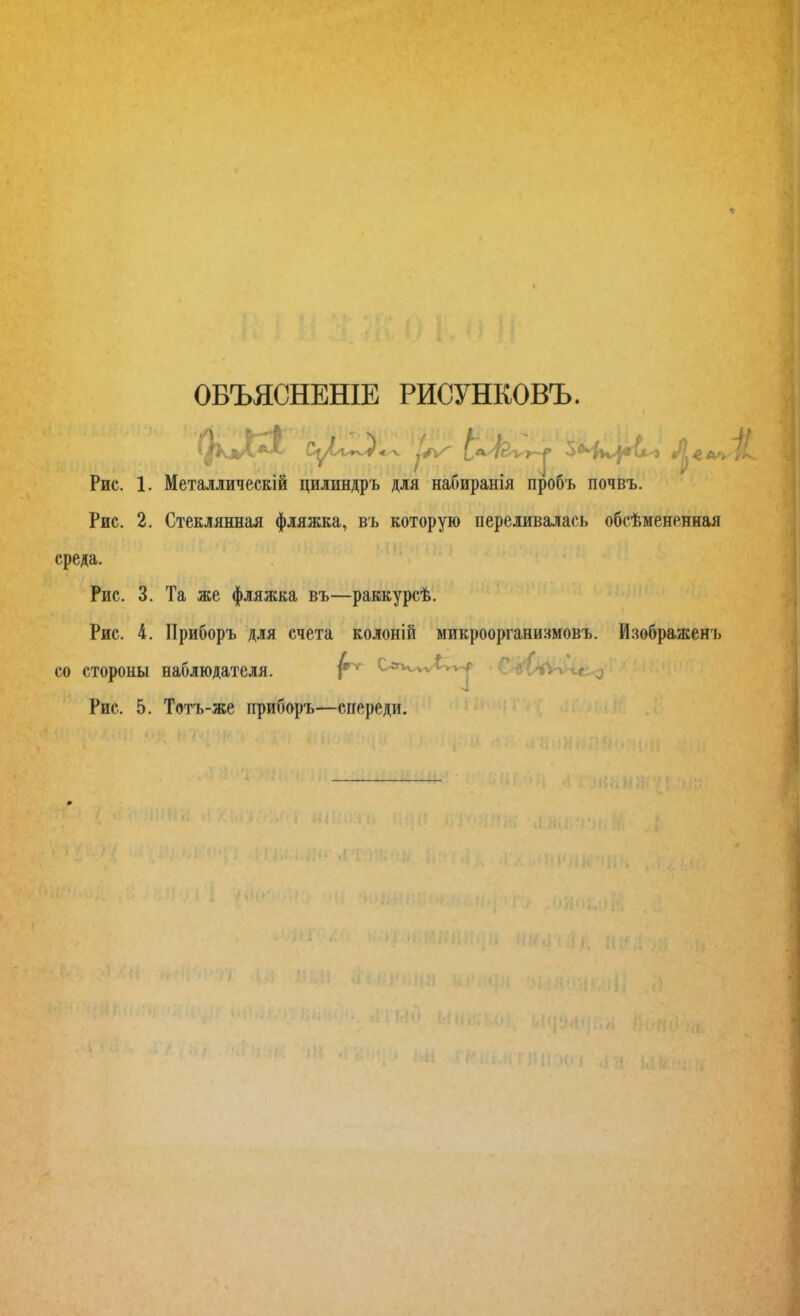 .Іі ОБЪЯСНЕНІЕ РИСУНКОВЪ. **^КаХ*^ «-ч. ѵ>-^ ^ Рис. 1. Металлическій цилиндръ для набиранія пробъ почвъ. Рис. 2. Стеклянная фляжка, въ которую переливалась обсѣмененная среда. Рис. 3. Та же фляжка въ—раккурсѣ. Рис. 4. Приборъ для счета колоній микроорганизмовъ. Изображенъ со стороны наблюдателя. Рис. 5. Тотъ-же приборъ—спереди.