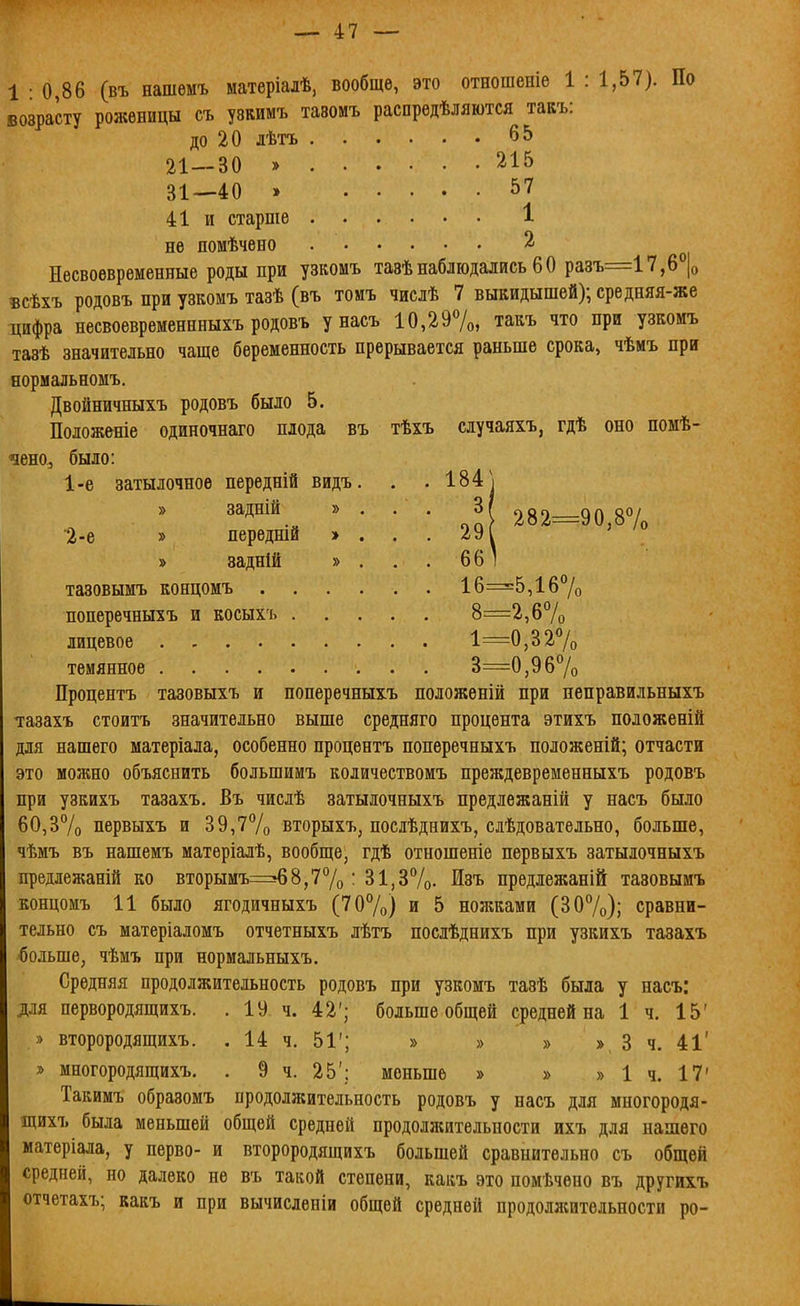1 • 0,86 (въ нашѳмъ матеріалѣ, вообще, это отношеніе 1 : 1,57). По возрасту роженицы съ узкимъ тавомъ распредѣляются тавъ: до 20 лѣтъ 65 21—30 » 31—40 » 57 41 и старше 1 не помѣчено 2 Несвоевременные роды при узкомъ тазѣнаблюдались 60 разъ=17,6°|о «сѣхъ родовъ при узкомъ тазѣ (въ тоиъ числѣ 7 выкидышей); средняя-же цифра несвоевременнныхъ родовъ у насъ 10,297о, такъ что при узкомъ тазѣ значительно чаще беременность прерывается раньше срока, чѣмъ при нормальномъ. Двойничныхъ родовъ было 5. Положеніе одиночнаго плода ■аено, было: 1-е затылочное передній видъ въ тѣхъ сдучаяхъ, гдѣ оно помѣ- ■2-е » заднш » передній » заднШ тазовымъ концомъ поперечныхъ и косыхъ . лицевое темянное 184^1 3 29 66 16--5,1б7о 8=2,б7о 1=0,3 27о 3=0,9б7о 282=90,87о Процентъ тазовыхъ и поперечныхъ положѳній при неправильныхъ тазахъ стоитъ значительно выше средняго процента этихъ положеній для нашего матеріала, особенно процентъ поперечныхъ положеній; отчасти это можно объяснить большимъ количествомъ преждевременныхъ родовъ при узкихъ тазахъ. Въ числѣ затылочныхъ предлѳжаній у насъ было 60,37о первыхъ и 39,77о вторыхъ, послѣднихъ, слѣдовательно, больше, чѣмъ въ нашемъ матеріалѣ, вообще, гдѣ отношеніе первыхъ затылочныхъ предлежаній ко вторымъ===68,77о: 31,37о. Изъ предлежаній тазовымъ концомъ 11 было ягодичныхъ (707о) и 5 ножками (307о); сравни- тельно съ матеріаломъ отчетныхъ лѣтъ посдѣднихъ при узкихъ тазахъ больше, чѣмъ при нормальныхъ. Средняя продолжительность родовъ при узкомъ тазѣ была у насъ: для первородящихъ. . 19 ч. 42'; больше общей средней на 1 ч. 15' » второродящихъ. . 14 ч. 51'; » » » » 3 ч. 41' » многородящихъ. . 9 ч. 25'; меньше » » » 1 ч. 17' Такимъ образомъ продолжительность родовъ у насъ для многородя- щихъ была меньшей общей средней продолжительности ихъ для нашего матеріала, у перво- и второродящихъ большей сравнительно съ общей средней, но далеко не въ такой степени, какъ это помѣчено въ другихъ отчетахъ; какъ и при вычисленіи общей средней продолжительности ро-