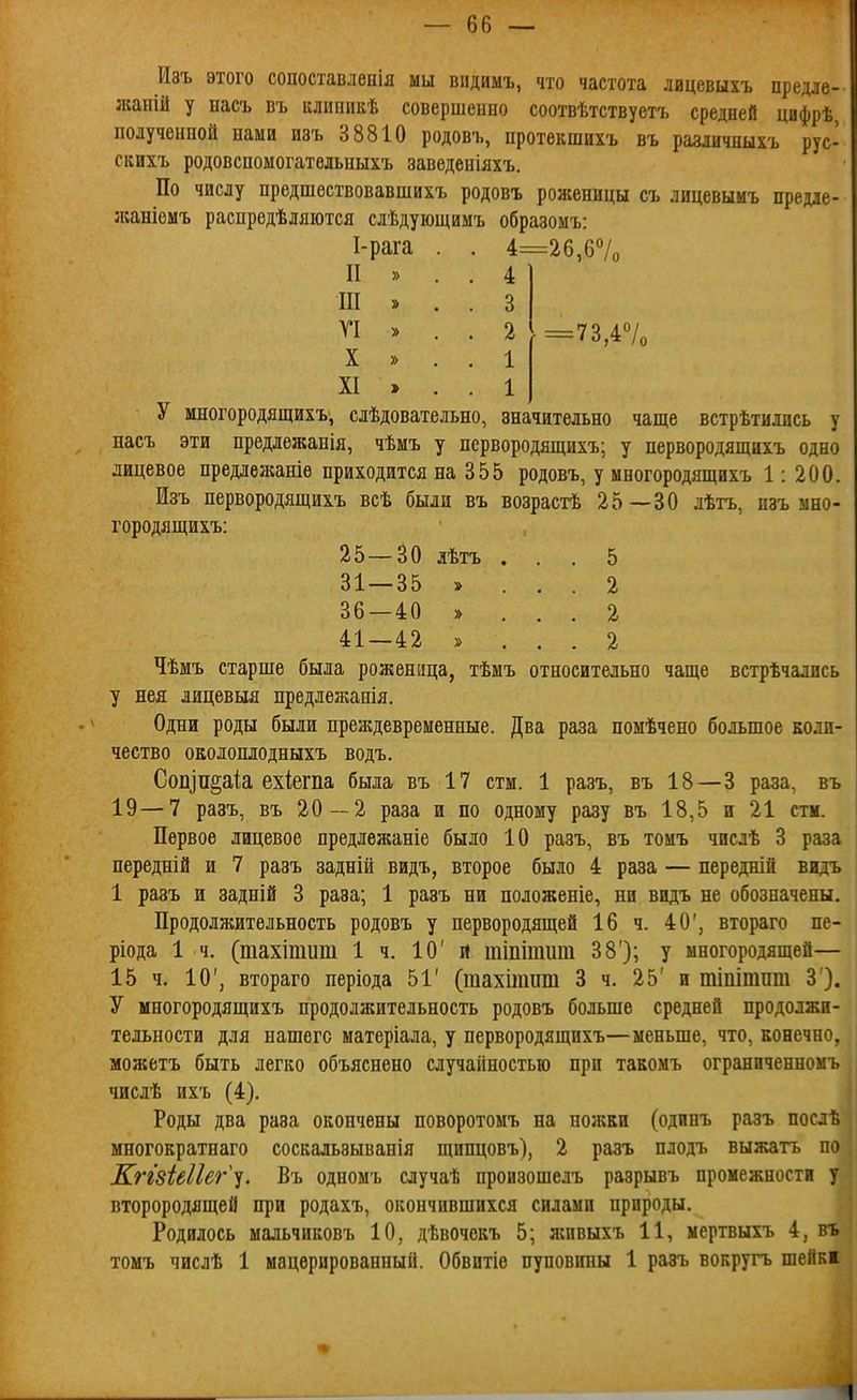 Ивъ этого сопоставлепія мы вндимъ, что частота лицевыхъ предле- жаиій у насъ въ клішикѣ совершенно соотвѣтствуетъ средней цифрѣ полученной нами изъ 38810 родовъ, протекшнхъ въ различныхъ рус- скихъ родовспомогательныхъ заведеніяхъ. По числу предшествовавшихъ родовъ роженицы съ лицевымъ прере- жаніемъ распредѣляются слѣдуіощимъ образомъ: І-рага . . 4= -2б,б7о II » . . 4 III » . . 3 ГІ » . . 2 ^=73,47о X » . . 1 XI » . . 1 У многородящихъ, слѣдовательно, значительно чаще встрѣтиллсь у насъ эти предлежанія, чѣмъ у первородящихъ; у первородящихъ одно лицевое предлежаніе приходится на 355 родовъ, у ыногородящихъ 1: 200. Изъ первородящихъ всѣ были въ возрастѣ 25 —30 дѣтъ, изъ мно- городящихъ: 25—30 лѣтъ ... 5 31 — 35 » . . . 2 36-40 » . . . 2 41 — 42 » . . . 2 Чѣмъ старше была роженица, тѣмъ относительно чаще встрѣчались у нея лицевыя предлежанія. Одни роды были преждевременные. Два раза помѣчено большое коли- чество околоплодныхъ водъ. Соп]п§аіа ехіегпа была въ 17 стш. 1 разъ, въ 18—3 раза, въ 19—7 разъ, въ 20—2 раза и по одному разу въ 18,5 и 21 стм. Первое лицевое предлежаніе было 10 разъ, въ томъ числѣ 3 раза передній и 7 разъ задній видъ, второе было 4 раза — передній видъ 1 разъ и задній 3 раза; 1 разъ ни положеніе, ни видъ не обозначены. Продолжительность родовъ у первородящей 16 ч. 40', втораго пе- ріода 1 ч. (тахітит 1 ч. 10' й тіпігаит 38'); у многородящей— 15 ч. 10', втораго періода 51' (тахітпт 3 ч. 25' и тіпітпш 3 ), У многородящихъ продолжительность родовъ больше средней продолжи- тельности для нашего матеріала, у первородящихъ—меньше, что, конечно, можетъ быть легко объяснено случайностью при такомъ ограниченномъ числѣ ихъ (4). Роды два раза окончены поворотомъ на ножки (одинъ разъ послѣ многократнаго соскальзыванія щипцовъ), 2 разъ плодъ выжать по Кггзіеііег ^і. Въ одномъ случаѣ произошелъ разрывъ промежности у второродящей при родахъ, окончившихся силами природы. Родилось мальчиковъ 10, дѣвочекъ 5; жнвыхъ 11, мертвыхъ 4, въ томъ числѣ 1 мацерированный. Обвптіе пуповины 1 разъ вокругь шейкі 1
