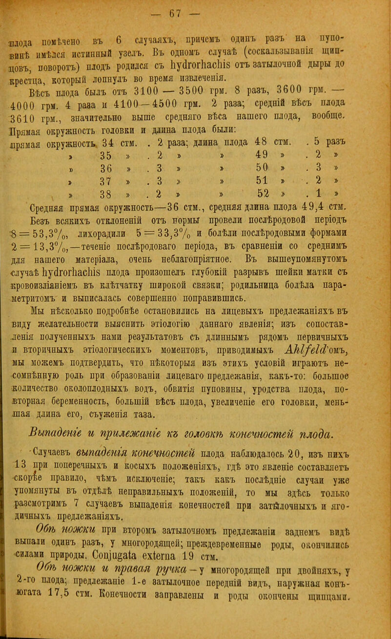 — (І7 — плода помѣчено въ 6 случаяхъ, причеыъ одиііъ разъ на пупо- вииѣ имѣлся истинный узелъ. Въ одномъ случаѣ (соскальзыванія щип- цовъ, поворотъ) плодъ родился съ ЬуйгогЬасЫз отъ затылочной дыры до крестца, который лопнулъ во время извлеченія. Вѣсъ плода былъ отъ 3100 — 3500 грм. 8 разъ, 3600 грм. — 4000 грм. 4 раза и 4100 — 4500 грм. 2 раза; средній вѣеъ плода 3610 грм., значительно выше средняго вѣса нашего плода, вообще. Прямая окружность головки и длина плода были: прямая окружность, 34 стм. . 2 раза; длина плода 48 стм. . 5 разъ , 35 » . 2 » » 49 » . 2 » » 36 » . 3 » » 50 » . 3 » » 37 » . 3 > » 51 » . 2 » » 38 » . 2 » » 52 > . 1 » Средняя прямая окружность—36 стм., средняя длина плода 49,4 стм. Безъ всякихъ отклоненій отъ нормы провели послѣродовой періодъ ^ = 53,37о> лихорадили 5 = 33,3% и болѣли послѣродовыми формами 2 = 13,37о,—теченіе послѣродоваго періода, въ сравненіи со среднимъ для нашего матеріала, очень неблагопріятное. Въ вышеупомянутомъ -случаѣ ЬуйгогІіасЫз плода произошелъ глубокій разрывъ шейки матки съ кровоизлшніемъ въ клѣтчатку широкой связки; родильница болѣла пара- метритомъ и выписалась совершенно поправившись. Мы нѣсколько подробнѣе остановились на лицевыхъ предлежаніяхъ въ виду желательности выяснить этіологію даннаго явленія; изъ сопостав- ленія полученныхъ нами результатовъ съ длиннымъ рядомъ первичныхъ и вторичныхъ этіологическихъ моментовъ, приводимыхъ АЫ/еЫ'шъ, мы можемъ подтвердить, что нѣкоторыя изъ этихъ условій играютъ не- сомнѣнную роль при образованіи лицеваго предлежанія, какъ-то; большое количество околоплодныхъ водъ, обвитія пуповины, уродства плода, по- вторная беременность, большій вѣсъ плода, увеличепіе его головки, мень- шая длина его, съуженія таза. Выпадете и прилежаше къ головкѣ конечностей плода. ■Случаевъ выпаденш конечностей плода наблюдалось 20, изъ нихъ 13 при поперечныхъ и косыхъ положѳніяхъ, гдѣ это явлѳніе составляетъ скорее правило, чѣмъ исключеніе; такъ какъ послѣдніѳ случаи уже упомянуты въ отдѣлѣ неправильныхъ положеній, то мы здѣсь только разсмотримъ 7 случаевъ выпаденія конечностей при затйлочныхъ и яго- дичныхъ предлежаніяхъ, Обѣ ножки при второмъ затылочномъ предлежаніи заднѳмъ видѣ выпали одинъ разъ, у многородящей; преждевременные роды, оішнчились «силами природы. Соіі]и§аІа ехіепіа 19 стм. О^ѣ ножки и правая руч7Ш - у многородящей при двойняхъ, у 2-го плода; предлежаніѳ І-ѳ затылочное пѳредшй видъ, наружная конъ- дагата 17,5 стм. Конечности заправлены и роды окончены щипцами.