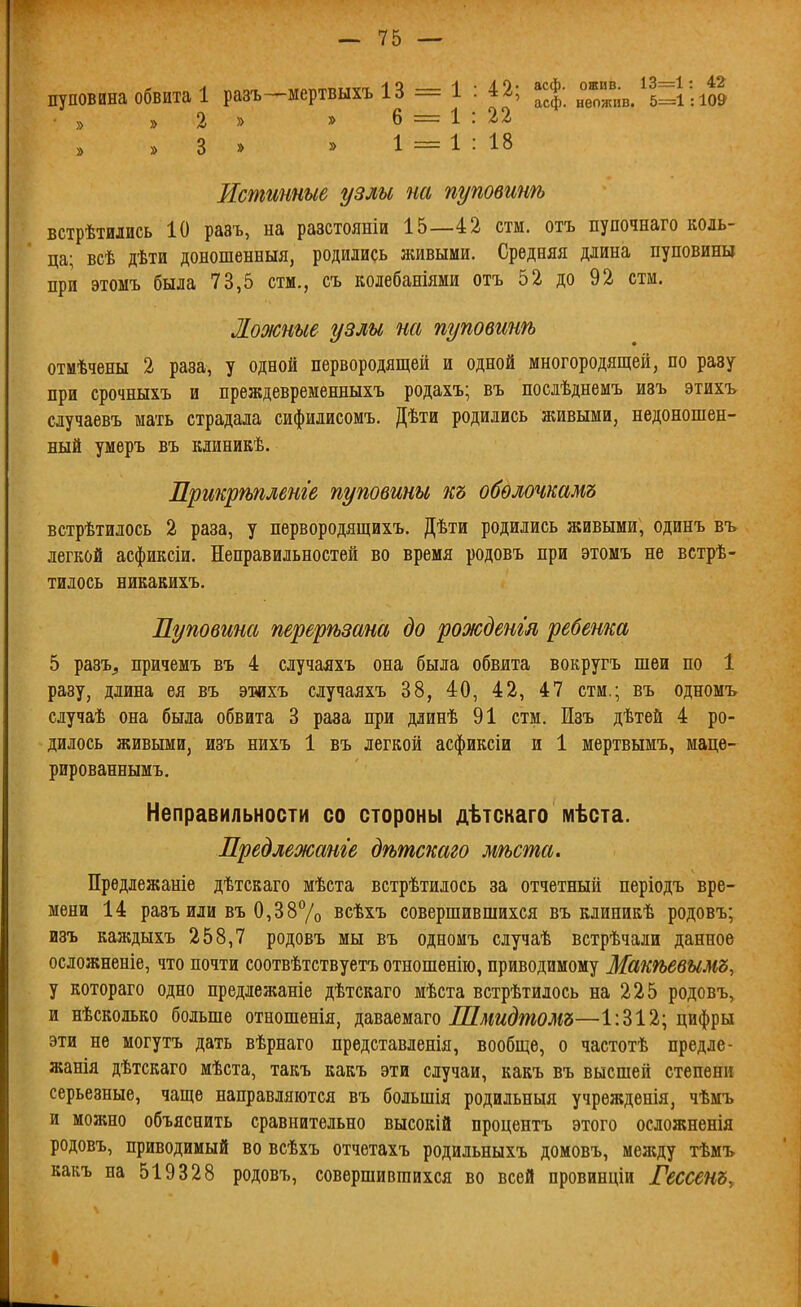 пуповина обвита 1 разъ-мертвыхъ 13 = 1 : 42; ^^Ф; з^^/^^-^; » » 2 » » 6 = 1 : 22 ^ » 3 » » 1 = 1 : 18 Истинные узлы на пуповтѣ встрѣтились 10 рааъ, на разстояніи 15—42 стм. отъ пупочнаго коль- ца; всѣ дѣти доношенныя, родились живыми. Средняя длина пуповины при этомъ была 73,5 стм., съ колебаніями отъ 52 до 92 стм. Ложные узлы на пуповинѣ отмѣчены 2 раза, у одной первородящей и одной многородящей, по разу при срочныхъ и преждевременныхъ родахъ; въ посдѣднемъ изъ этих-ь случаевъ мать страдала сифилисомъ. Дѣти родились живыми, недоношен- ный умеръ въ клиникѣ. Лртрѣпленге пуповины къ обѳлочкамъ встрѣтилось 2 раза, у первородачщихъ. Дѣти родились живыми, одинъ въ легкой асфиксіи. Неправильностей во время родовъ при этомъ не встрѣ- тилось никакихъ. Пуповина перерѣзана до рожденгл ребенка 5 разъ^ причемъ въ 4 случаяхъ она была обвита вокругъ шеи по 1 разу, длина ея въ этихъ случаяхъ 38, 40, 42, 47 стм.; въ одномъ случаѣ она была обвита 3 раза при длинѣ 91 стм. Изъ дѣтей 4 ро- дилось живыми, изъ нихъ 1 въ легкой асфиксіи и 1 мертвымъ, маце- рированнымъ. Неправильности со стороны дѣтскаго мѣста. Предлежанге дѣтскаго мѣсша. Прѳдлежаніе дѣтскаго мѣста встрѣтилось за отчетный періодъ вре- мени 14 разъ или въ 0,387о всѣхъ совершившихся въ елииикѢ родовъ; изъ каждыхъ 258,7 родовъ мы въ одномъ случаѣ встрѣчали данное осложненіе, что почти соотвѣтствуетъ отношенію, приводимому Машевымь, у котораго одно предлежаніе дѣтскаго мѣста встрѣтилось на 225 родовъ, и нѣсколько больше отношенія, цав&ешто Шмидіпомъ—1:312; цифры эти не могутъ дать вѣрнаго представленія, вообще, о частотѣ предле- жанія дѣтскаго мѣста, такъ какъ эти случаи, какъ въ высшей степени серьезные, чаще направляются въ большія родильныя учрѳжденія, чѣмъ и можно объяснить сравнительно высокій процентъ этого осложненія родовъ, приводимый во всѣхъ отчетахъ родильныхъ домовъ, между тѣмъ какъ на 519328 родовъ, совершившихся во всей провинціи ГессенЪу