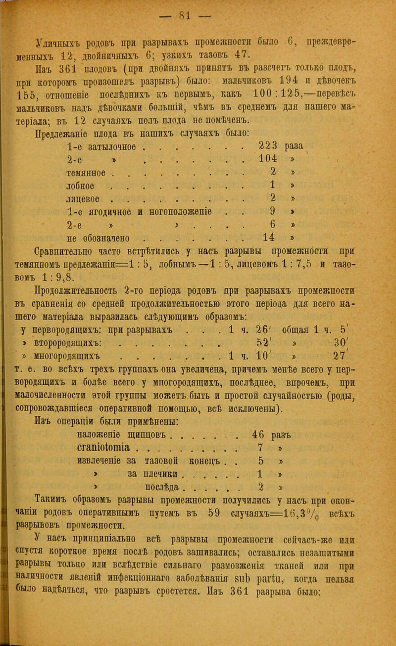 Уличныхъ родовъ при раврывахъ промелгаости было 6, преждеврѳ- меиныхъ 12, двойничпыхъ 6; узкихъ тазовъ 47. Из'ь 361 плодовъ (при двойшіхъ принятъ въ разсчетъ только плодъ, при которомъ произошелъ разрывъ) было: мальчиковъ 194 и дѣвочекъ 155, отношеніе послѣднихъ къ первымъ, какъ 100:125,—перевѣсъ мальчиковъ надъ дѣвочками большій, чѣмъ въ срѳднемъ для нашего ма- теріала; въ 12 случаяхъ полъ плода не помѣченъ. Предлежаніе плода въ нашихъ случаяхъ было: 1- е затылочное 223 раза 2- е » 104 » темянное . 2 » лобное 1 » лицевое 2 » 1- е ягодичное и ногоположеніе . . 9 » 2- е » > . . . . 6 » не обозначено 14 » Сравнительно часто встрѣтились у насъ разрывы промежности при темянномъ предлежаніи=1: 5, лобнымъ—1: 5, лицевомъ 1: 7,5 и тазо- вомъ 1: 9,8. Продолжительность 2-го періода родовъ при разрывахъ промежности въ сравненія со средней продолжительностью этого періода для всего на- шего матеріала выразилась слѣдующимъ образомъ: у первородящихъ: при разрывахъ . . . 1 ч. 26' общая 1ч. 5' » второродящихъ: , 52' » 30' » многородящихъ 1ч. 10' » 27 т. е. во всѣхъ трехъ группахъ она увеличена, причемъ менѣе всего у пер- вородящихъ и болѣе всего у многородящихъ, послѣднее, впрочемъ, при малочисленности этой группы можетъ быть и простой случайностью (роды, сопровождавшіеся оперативной помощью, всѣ исключены). Изъ операціи были примѣнены: налолсеніе щипцовъ . 46 разъ сгапіоіотіа 7 » извлечете за тазовой конецъ . . 5 » » за плечики ...... 1 > » поелѣда 2 » Такимъ образомъ разрывы промежности получились у насъ при окон- чаніи родовъ оперативнымъ путемъ въ 59 случаяхъ=1(),ЗѴо всѣхъ разрывовъ промежности. У насъ принципіально всѣ разрывы променсности сейчасъ-же или спустя короткое время послѣ родовъ зашивались; оставались незашитыми разрывы только или вслѣдствіе сильнаго размозженія тканей или при наличности явленій инфекціоннаго заболѣвапія 8иЬ рагіи, когда нельзя было надѣяться, что разрывъ сростется. Изъ 361 разрыва было: