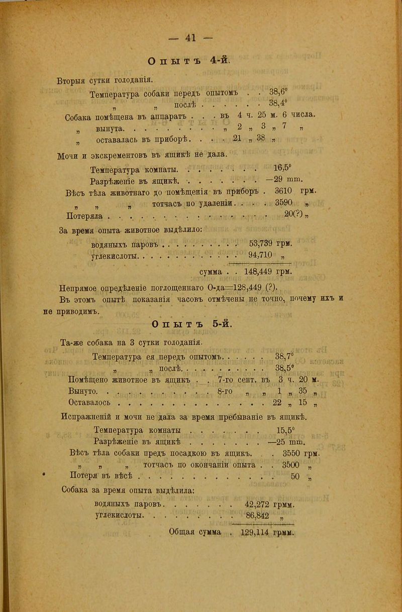 Опытъ 4-й. Вторыя сутки голоданія. Температура собаки передъ опытомъ . . 38,6® д „ послѣ 38,4® Собака помѣщена въ аппаратъ . . . въ 4 ч. 25 м. 6 числа. „ вынута п2„3„7 „ „ оставалась въ приборѣ. . . . 21 „ 38 „ Мочи и экскрементовъ въ ящикѣ не дала. Температура комнаты 16,5® Разрѣженіе въ ящикѣ. . . . . . • • ~29 тт. Вѣсъ тѣла животнаго до помѣщенія въ приборъ . 3610 грм. „ „ „ тотчасъ по удаленіи. . . . 3590 „ Потеряла 20(?) „ За время опыта животное выдѣлило: водяныхъ паровъ 53,739 грм. углекислоты 94,710 „ сумма . . 148,449 грм. Непрямое опредѣленіе поглощеннаго 0-да=128,449 (?)., Въ этомъ опытѣ показанія часовъ отмѣчены не точно, почему ихъ и не приводимъ. Опытъ 5-й. Та-же собака на 3 сутки голоданія. Температура ея передъ опытомъ 38,7® „ послѣ . 38^5® Помѣщено животное въ ящикъ . . 7-го сент. въ 3 ч. 20 м. ‘ Вынуто 8-го „ „ 1 „ 35 „ Оставалось 22 „ 15 „ Испражненій и мочи не дала за время пребываніе въ ящикѣ. Температура комнаты 15,5® Разрѣженіе въ ящикѣ —25 шт. Вѣсъ тѣла собаки предъ посадкою въ ящикъ. . 3550 грм. ЯП я тотчасъ по окончаніи опыта . . 3500 „ • Потеря въ вѣсѣ 50 я Собака за время опыта выдѣлила: водяныхъ паровъ 42,272 грмм. углекислоты 86,842 „ Общая сумма . 129,114 грмм.