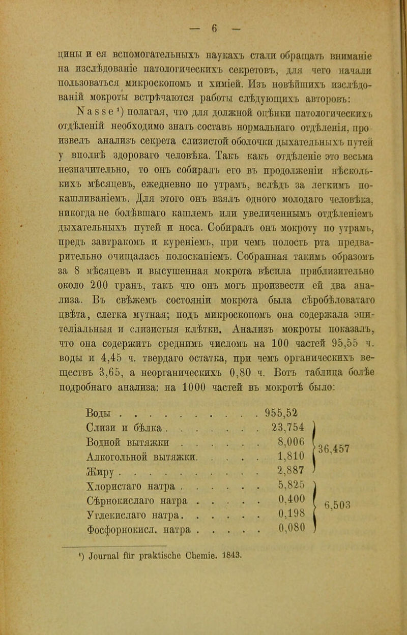 цины и ея вспомогательныхъ наукахъ стали обращать вниманіе на изсдѣдованіе патологическихъ секретовъ, для чего начали пользоваться микроскопомъ и химіей. Изъ новѣйшихъ изслѣдо- ваній мокроты встрѣчаются работы слѣдующихъ авторовъ: Каззе *) полагая, что для должной оцѣшси патологическихъ отдѣленій необходимо знать составь нормальнаго отдѣленія, про извелъ анализъ секрета слизистой оболочки дыхательны хъ путей у вполнѣ здороваго человѣка. Такъ какъ отдѣленіе это весьма незначительно, то онъ собиралъ его въ продолженіи нѣсколь- кихъ мѣсяцевъ, ежедневно по утрамъ, вслѣдъ за легкимъ по- кашливаніемъ. Для этого онъ взялъ одного молодаго человѣка, никогда не болѣвшаго кашлемъ или увеличеннымъ отдѣленіемъ дыхательныхъ путей и носа. Собиралъ онъ мокроту по утрамъ, предъ завтракомъ и куреніемъ, при чемъ полость рта предва- рительно очищалась полосканіемъ. Собранная такимь образомъ за 8 мѣсяцевъ и высушенная мокрота вѣсила приблизительно около 200 грань, такъ что онъ могъ произвести ей два ана- лиза. Въ свѣжемъ состояніи мокрота была сѣробѣловатаго цвѣта, слегка мутная; подъ микроскопомъ она содержала эпи- теліальныя и слизистыя клѣтки, Анализъ мокроты показалъ, что она содержитъ среднимъ числомъ на 100 частей 95,55 ч. воды и 4,45 ч. твердаго остатка, при чемъ органическихъ ве- ществъ 3,65, а неорганическихъ 0,80 ч. Вотъ таблица болѣе подробнаго анализа: на 1000 частей въ мокротѣ было: Воды 955,52 Слизи и бѣлка 23,754 Водной вытяжки 8.006 Алкогольной вытяжки 1,810 Жиру 2,887 Хлористаго натра 5,825 Сѣрнокислаго натра 0,400 Углекислаго натра 0,198 Фосфорнокисл. натра 0,080 ') .Іоигпаі Ліг ргакіівсііе СЬегаіе. 1843.