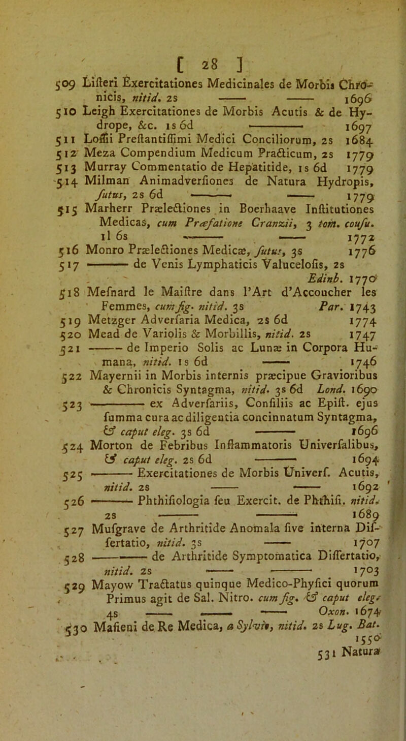 509 Lifteri Exercitationes Medicinales de Morbis ChW- nicis, nitid. 2S 1696 510 Leigh Exercitationes de Morbis Acutis & de Hy- drope, &c. isod » 1697 511 Loflii Preftantiflimi Medici Conciliorum, zs 1684 £j2 Meza Compendium Medicum PradHcum, zs 1779 513 Murray Commentatio de Hepatitide, IS 6d 1779 514 Mllman Animadverfiones de Natura Hydropis, futus, zs 6d ——i —— 1779 515 Marherr Prjeleftiones in Boerhaave Inftitutiones MedicaS, cum Frcefatione Cranzii, 3 iom. cou/u. il 6s '■ 1772 516 Monro Praslefliones Medicas, 3s 1776 517 de Vcnis Lymphaticis Valucelofis, zs Edinb. l^^Cf 518 Mefnard le Maiftre dans PArt d’Accoucher les Femmes, cum fig- nitid, 3 s Far, 1743 519 Metzger Adverfaria Medica, zS 6d >774 5Z0 Mead de Variolis & Morbillis, nitid. zs 1747 jzi de Imperio Solis ac Lunas in Corpora Hu- mana, nitid. Is 6d - ■ '746 522 Mayernii in Morbis internis praecipue Gravioribus & Chronicis Syntagma, nitid. 3® 6d Land. 1690 523 ex Adverfarils, Confilils ac Epift. ejus fumma curaacdiligentia concinnatum Syntagma, if! caput eleg. 3 s 6d ' ' — 1696 524 Morton de Febribus Inftaromatoris Univerfalibus, li caput eleg. zs 6d — 1694 525 526 527 528 Exercitationes de Morbis Unlverf. Acutis, nitid. 2S —— 1692 Phthifiologia feu Exercit. de Phthifi. nitid^ 1689 2S Mufgrave de Arthritide Anomala five interna Dif- fertatio, nitid. 3s 1707 — de Arthritide Symptomatica Differtatio, nitid. 2S *7®3 529 Mayow Traftatus quinque Medico-Phyfici quorum , Primus agit de Sal. Nitro. cum fig. caput elegj^ 4s ... —- Oxon. 1674 <30 Mafieni de Re Medica, a Syhit, nitid. zs Lug. Bat. ^ 1550: 531 Naturaf