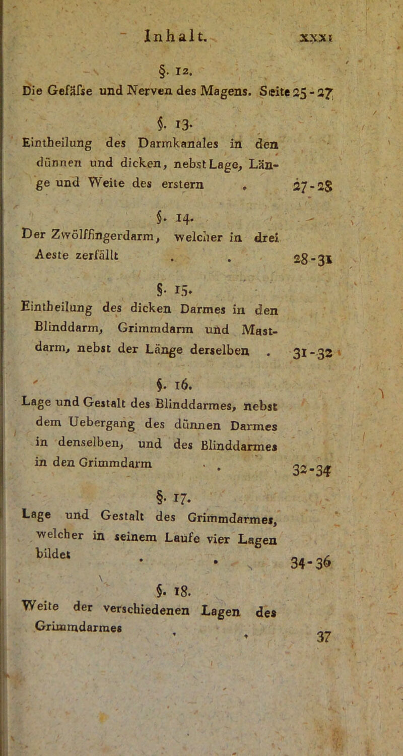 §• 12. Die Gefafse und Nerven des Magens. Seite 25-27 §• T3- Eintheilung des Darmkanales in den dünnen und dicken, nebst Lage, Län- ge und Weite des erstem . $• 14- Der Zwölffingerdarm, welcher in drei Aeste zerfällt 27-2$ £8-3* §• 15* Eintbeilung des dicken Darmes in den Blinddarm, Grimmdarm und Mast- darm, nebst der Länge derselben . 31-32 $. 16. Lage und Gestalt des Blinddarmes, nebst dem Uebergang des dünnen Darmes in denselben, und des Blinddarmes in den Grimmdarm 3£-34 §• 17. Lage und Gestalt des Grimmdarmes, welcher in seinem Laufe vier Lagen bildet • • §. 18. Weite der verschiedenen Lagen de* Griiamdarraes 34 36 37