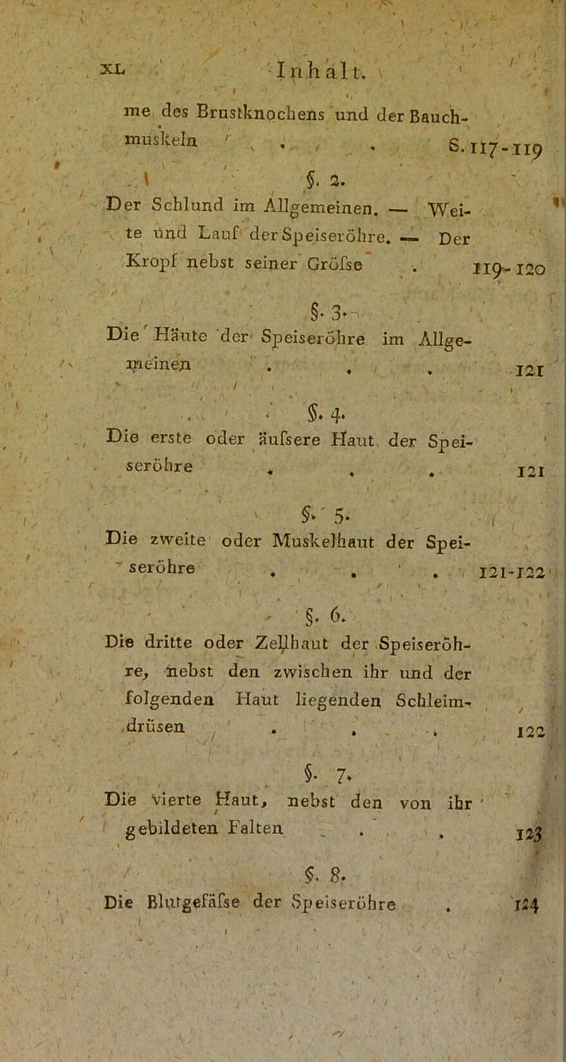 me cles Brustknochens und der Bauch- muskeln \ . . S. 117-119 \ ‘ §. 2. Der Schlund im Allgemeinen. — Wei- ' te und Lauf der Speiseröhre. — Der Kropf nebst seiner Gröfse . 319-120 §♦ 3*~> Die Häute der Speiseröhre im Allge- meinen ... 121 ‘ - v , i ■ . ■ 5» 4* Die erste oder Hulsere Haut der Spei- seröhre . , . J2i §* 5* Die zweite oder Muskelhaut der Spei- seröhre . . ' . I2I-I221 . ■' * . f ■ ». » - §• 6. Die dritte oder Zerhaut der Speiseröh- re, hebst den zwischen ihr und der folgenden Haut liegenden Schleim- drüsen §• 7* Die Vierte Haut, nebst den von ihr gebildeten Falten §. 8. Die Blutgefäße der Speiseröhre 122 123 1 % 124