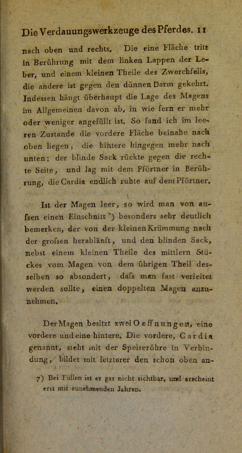 nach oben und rechts. Die eine Fläche tritt in Berührung mit dem linken Lappen der Le- ber, und einem kleinen Theile des Zwerchfells, die andere ist gegen den dünnen Darm gekehrt. Indessen hängt überhaupt die Lage des Magens im Allgemeinen davon ab, in wie fern er mehr oder weniger angefüllt ist. So fand ich im lee- ren Zustande die vordere Fläche beinahe nach oben liegen, die hintere hingegen mehr nach unten; der blinde Sack rückte gegen die rech- te Seite, und lag mit dem Pförtner in Berüh- rung, dieCardia endlich ruhte auf dem Pförtner. Ist der Magen leer, so wird man von au- fsen einen Einschnitt7) besonders sehr deutlich bemerken, der von der kleinen Krümmung nach der grofsen herablätift, und den blinden Sack, nebst einem kleinen Theile des mittlern Stü- ckes vom Magen von dem übrigen Theil des- selben so absondert, dafs man fast verleitet werden sollte, einen doppelten Magen anzu- nehmen. Der Magen besitzt zwei O eff nun g en, eine vordere und eine hintere. Die vordere, C a r d i a genannt, steht mit der Speiseröhre in Verbin- dung, bildet mit letzterer den schon oben an- 7) Bei Füllen ist er gar nicht sichtbar, und erscheint erst mit zunehmenden Jahren.