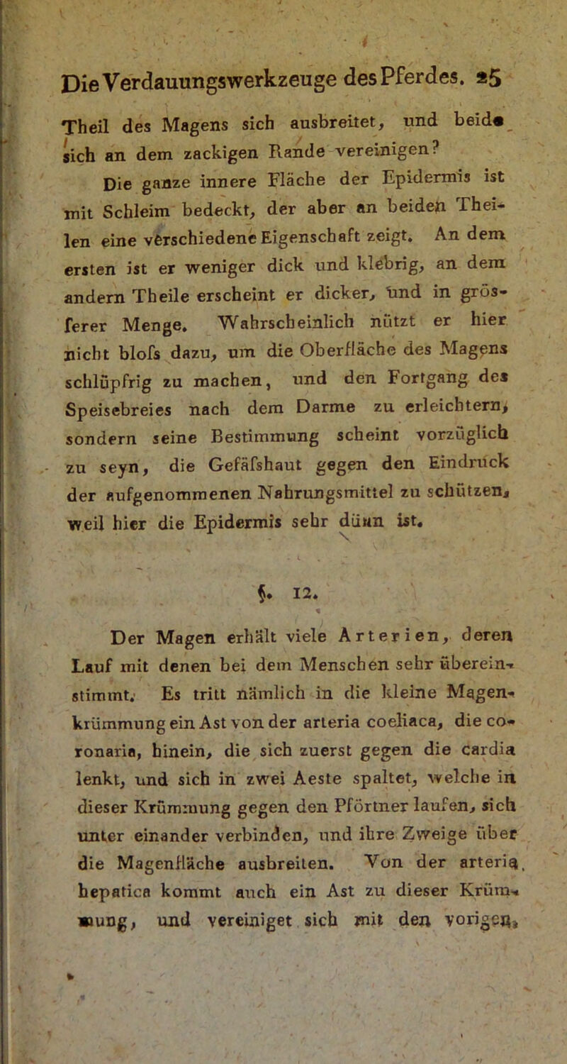 Theil des Magens sich ausbreitet, und beid« sich an dem zackigen Rande vereinigen? Die ganze innere Fläche der Epidermis ist mit Schleim bedeckt, der aber an beiden Thei- len eine verschiedene Eigenschaft zeigt. An dem ersten ist er weniger dick und klebrig, an dem andern Th eile erscheint er di cker, und in grös- ferer Menge. Wahrscheinlich nützt er hier nicht blofs dazu, um die Oberfläche des Magens schlüpfrig zu machen, und den Fortgang des Speisebreies nach dem Darme zu erleichtern, sondern seine Bestimmung scheint vorzüglich zu seyn, die Gefäfshaut gegen den Eindruck der aufgenommenen Nahrungsmittel zu schützen, weil hier die Epidermis sehr diiun ist, §. 12. Der Magen erhält viele Arterien, deren Lauf mit denen bei dem Menschen sehr überein-« stimmt. Es tritt nämlich in die kleine Magen- krümmung ein Ast von der arteria coeliaca, die co» ronaria, hinein, die sich zuerst gegen die cardia lenkt, und sich in zwei Aeste spaltet, welche in dieser Krümmung gegen den Pförtner laufen, sich unter einander verbinden, und ihre Zweige über die Magenfläche ausbreiten. Von der arteriq, hepatica kommt auch ein Ast zu dieser Krüm* »ung, und vereiniget sich mit den vorigen,