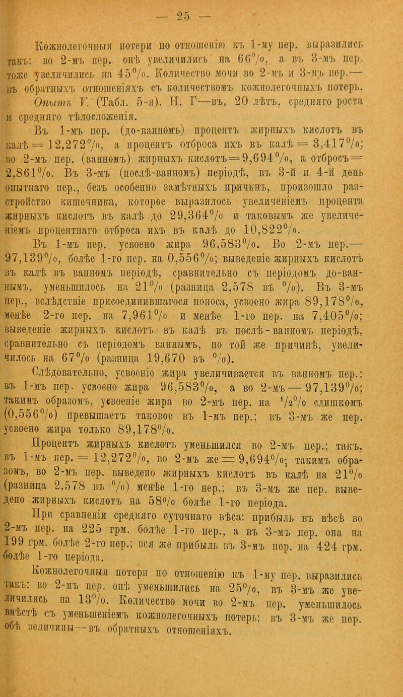 Кожнолеіочныя потери по отноіпевіго къ 1-му пер. выразились такъ: во 2-м'і. пер. онѣ увеличились на 66%, & въ 3-мъ иер. •тоже увеличились на. 45%. Количество мочи во 2-мъ и 3-мъ иер.— въ обратныхъ отношенілхъ съ количествомъ кожнолегочныхъ потерь. Опытъ Т. (Табл. 5-я). Н. Г—въ, 20 лѣтъ, среднлго роста и среднлго тѣлосложенія. Въ 1-мъ иер. (до-вапиомъ) продентъ жирныхъ кислотъ въ йалѣ = ] 2,272°/<Ь а ироцентъ отброса ихъ въ калѣ = 3,417%; но 2-мъ пер. (ванномъ) жирныхъ кислотъ = 9,694%, а отбросъ = 2,861%. Въ 3-мъ (послѣ-ванномъ) періодѣ, въ 3-й и 4-й день опытнаго нер., безъ особенно замѣтныхъ причинъ, произошло раз- стройство кишечника, которое выразилось увеличеніемъ процента жирныхъ кислотъ въ калѣ до 29,364% и таковымъ же увеличе- ніемъ процентнаго отброса ихъ въ калѣ до 10,822%. Въ 1-мъ нер. усвоено жира 96,583%. Во 2-мъ пер.— 97,139%, болѣе 1-го пер. на 0,556%; выведеніо жирныхъ кислотъ въ калѣ въ ванномъ неріодѣ, сравнительно съ періодомъ до-ван- нымъ, уменьшилось на 21% (разница 2.578 въ %). Въ 3-мъ пер., вслѣдствіе присоединившаяся поноса, усвоено жира 89,178%, менѣе 2-го пер. на 7,961% и менѣе 1-го пер. на 7,405%; выведеніе жирныхъ кислотъ въ калѣ въ послѣ - ванномъ періодѣ, сравнительно съ періодомъ ваннымъ, по той же причинѣ, увели- чилось на 67% (разница 19,670 въ %). Слѣдовательно, усвоеніо жира увеличивается въ ванномъ пер.: въ 1-мъ пер. усвоено жира 96,583%, а во 2-мъ — 97,139%; такимъ образомъ, уевоеніе жира во 2-мъ пер. на 7а% слишкомъ (0,556%) лревышаетъ таковое въ 1-мъ пер.; въ 3-мъ же пер. усвоено жира только 89,178%. Процентъ жирныхъ кислотъ уменьшился во 2-мъ пер.; такъ. въ 1-мъ пер. = 12,272%, во 2-мъ же = 9,694%; такимъ обра- зомъ, во 2-мъ пер. выведено жирныхъ кислотъ въ калѣ па 21% (разница 2,578 въ %) менѣе 1-го нер.; въ 3-мъ же пер. выве- дено жирныхъ кислотъ па 58% болѣе 1-го періода. При сравненіи среднлго суточнаго вѣса: прибыль въ вѣсѣ во 2-мъ пер. на 225 грм. болѣе 1-го пер., а въ 3-мъ иер. она на 199 грм. болѣе 2-го пер.; вся же прибыль въ 3-мъ пор. на 424 грм. болѣе 1-го періода. Кожнолегочныя потери по отношенію въ 1-му пер. выразились такъ: во 2-мъ пер. онѣ уменьшились на 25°/о, въ 3-мъ жо уве- личились на 13%. Количество мочи во 2-мъ иер. уменьшилось вмѣстѣ съ уменыиенісмъ кожнолегочныхъ потерь; въ 3-мъ же пер. обѣ величины—-въ обратныхъ отнопісніяхъ.