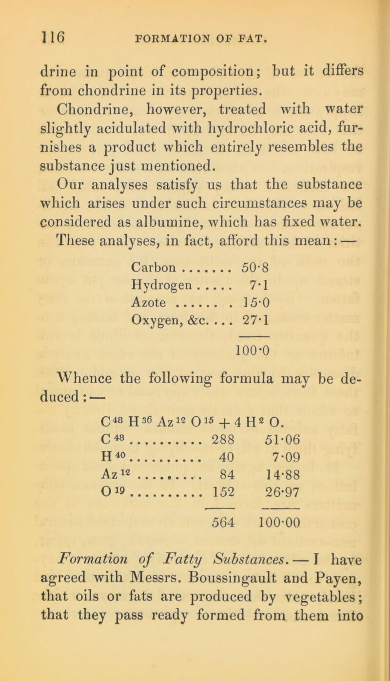 drine in point of composition; bat it differs from chondrine in its properties. Chondrine, however, treated with water slightly acidulated with hydrochloric acid, fur- nishes a product which entirely resembles the substance just mentioned. Our analyses satisfy us that the substance which arises under such circumstances may be considered as albumine, which has fixed water. These analyses, in fact, afford this mean: — Carbon 50*8 Hydrogen 7-1 Azote 15-0 Oxygen, &c. ... 27T 100-0 Whence the following- formula may be de- duced : — C48 hs6 Az12 0^5 +4 H2 O. C48 288 51-06 H4° 40 7-09 Az12 84 14-88 Oi9 152 26-97 564 100-00 Formation of Fatty Substances. — J have agreed with Messrs. Boussingault and Payen, that oils or fats are produced by vegetables; that they pass ready formed from them into