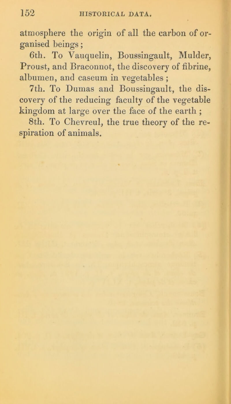 atmosphere the origin of all the carbon of or- ganised beings; 6th. To Vauquelin, Boussingault, Mulder, Proust, and Braconnot, the discovery of fibrine, albumen, and caseum in vegetables ; 7th. To Dumas and Boussingault, the dis- covery of the reducing faculty of the vegetable kingdom at large over the face of the earth ; 8th. To Chevreul, the true theory of the re- spiration of animals.