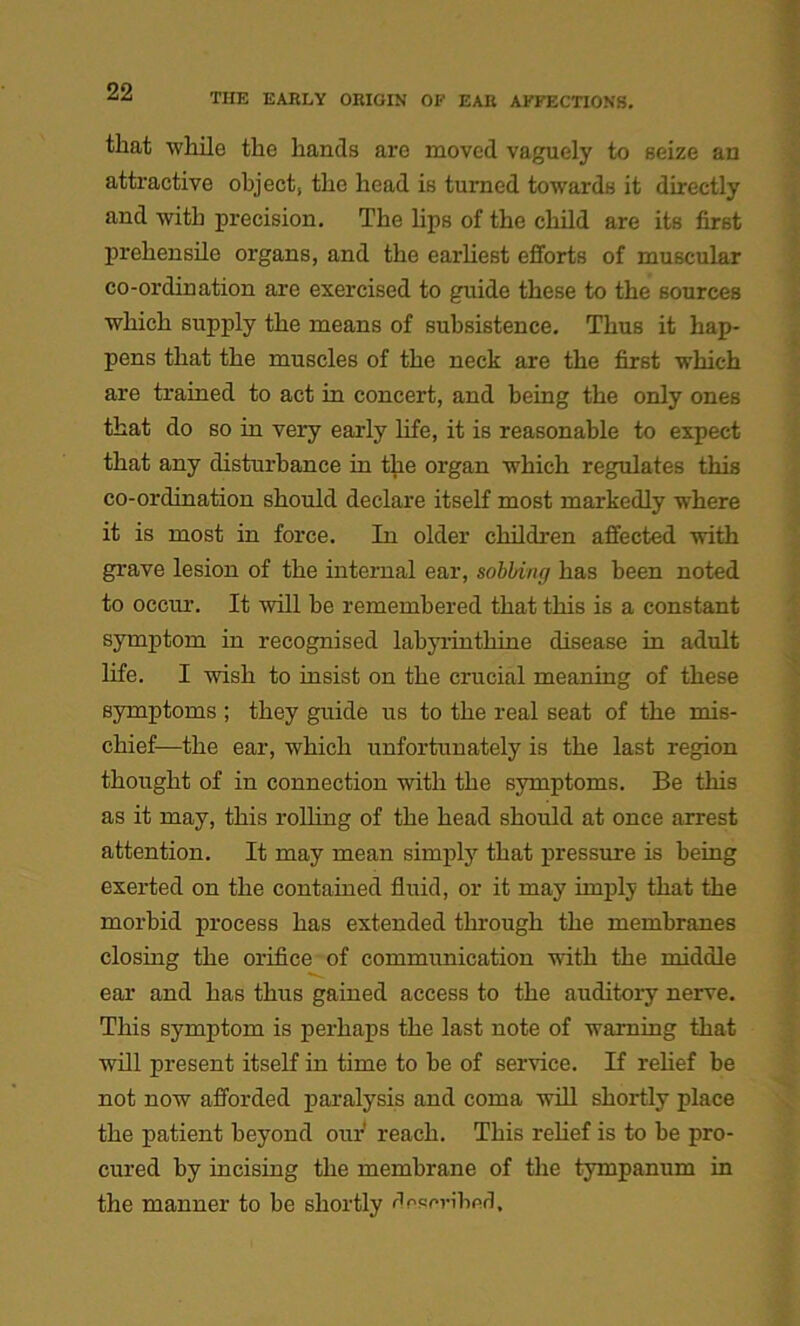 that while the hands are moved vaguely to seize an attractive object, the head is turned towards it directly and with precision. The lips of the child are its first prehensile organs, and the earliest efforts of muscular co-ordination are exercised to guide these to the sources which supply the means of subsistence. Thus it hap- pens that the muscles of the neck are the first which are trained to act in concert, and being the only ones that do so in very early life, it is reasonable to expect that any disturbance in the organ which regulates this co-ordination should declare itself most markedly where it is most in force. In older children affected with grave lesion of the internal ear, sobbing has been noted to occur. It will be remembered that this is a constant symptom in recognised labyrinthine disease in adult life. I wish to insist on the crucial meaning of these symptoms ; they guide us to the real seat of the mis- chief—the ear, which unfortunately is the last region thought of in connection with the symptoms. Be this as it may, this rolling of the head should at once arrest attention. It may mean simply that pressure is being exerted on the contained fluid, or it may imply that the morbid process has extended through the membranes closing the orifice of communication with the middle ear and has thus gained access to the auditory nerve. This symptom is perhaps the last note of warning that will present itself in time to be of service. If relief be not now afforded paralysis and coma will shortly place the patient beyond our' reach. This relief is to be pro- cured by incising the membrane of the tympanum in the manner to be shortly described.