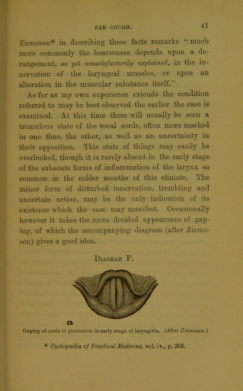 Ziemsseu0 in describing these facts remarks “ much more commonly the hoarseness depends upon a de- rangement, as yet unsatisfactorily explained, in the in- nervation of the laryngeal muscles, or upon an alteration in the muscular substance itself.” As far as my own experience extends the condition referred to may be best observed the earlier the case is examined. At this time there will usually be seen a tremulous state of the vocal cords, often more marked in one than the other, as well as an uncertainty in their apposition. This state of things may easily be overlooked, though it is rarely absent in the early stage of the subacute forms of inflammation of the larynx so common in the colder months of this climate. The minor form of disturbed innervation, trembling and uncertain action, may be the only indication of its existence which the case may manifest. Occasionally however it takes the more decided appearance of gap- ing, of which the accompanying diagram (after Ziems- sen) gives a good idea. Diagram F. Gaping of cords in phonation in early stage of laryngitis. (After Ziemssen.) * Cyclopaedia of Practical Medicine, vol. iy., p. 203.