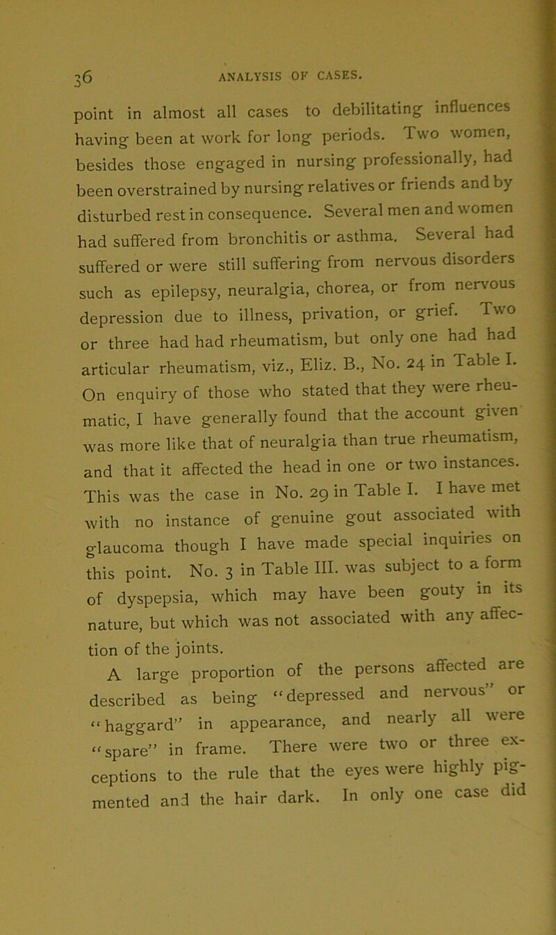 point in almost all cases to debilitating' influences having been at work for long periods. Two women, besides those engaged in nursing professionally, had been overstrained by nursing relatives or friends and by disturbed rest in consequence. Several men and women had suffered from bronchitis or asthma. Several had suffered or were still suffering from nervous disorders such as epilepsy, neuralgia, chorea, or from nervous depression due to illness, privation, or grief. Two or three had had rheumatism, but only one had had articular rheumatism, viz., Eliz. B., No. 24 in Table I. On enquiry of those who stated that they were rheu- matic, I have generally found that the account given was more like that of neuralgia than true rheumatism, and that it affected the head in one or two instances. This was the case in No. 29 in Table I. I have met with no instance of genuine gout associated with glaucoma though I have made special inquiries on this point. No. 3 in Table III. was subject to a form of dyspepsia, which may have been gouty in its nature, but which was not associated with any affec- tion of the joints. A large proportion of the persons affected are described as being “depressed and nervous” or “haggard” in appearance, and nearly all were “spare” in frame. There were two or three ex- ceptions to the rule that the eyes were highly pig- mented and the hair dark. In only one case did