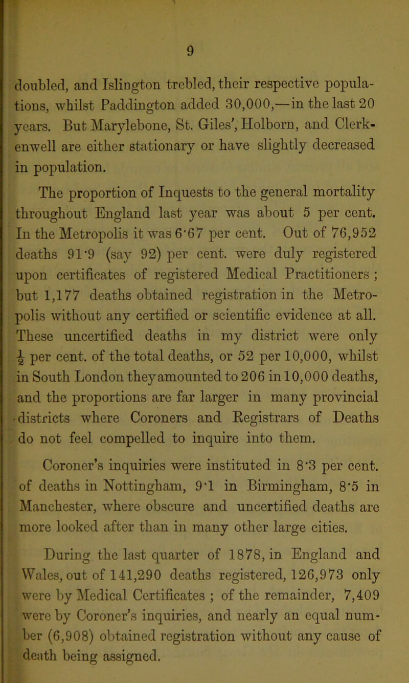 doubled, cand Islington trebled, their respective popula- tions, whilst Paddington added 30,000,—in the last 20 years. But Marylebone, St. Giles', Holborn, and Clerk- enwell are either stationary or have slightly decreased in population. The proportion of Inquests to the general mortality throughout England last year was about 5 per cent. In the Metropolis it was 6‘67 per cent. Out of 76,952 deaths 91’9 (say 92) per cent, were duly registered upon certificates of registered Medical Practitioners; but 1,177 deaths obtained registration in the Metro- polis without any certified or scientific evidence at all. These uncertified deaths in my district were only per cent, of the total deaths, or 52 per 10,000, whilst in South London they amounted to 206 in 10,000 deaths, and the proportions are far larger in many provincial • districts where Coroners and Eegistrars of Deaths do not feel compelled to inquire into them. Coroner’s inquiries were instituted in 8'3 per cent, of deaths in Nottingham, 9'1 in Birmingham, 8'5 in Manchester, where obscure and uncertified deaths are more looked after than in many other large cities. During the last quarter of 1878, in England and Wales, out of 141,290 deaths registered, 126,973 only were by Medical Certificates ; of the remainder, 7,409 were by Coroner’s inquiries, and nearly an equal num- ber (6,908) obtained registration without any cause of death being assigned.