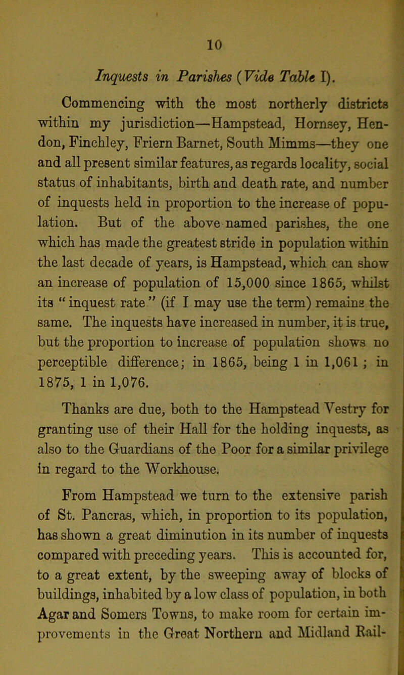 Inquests in Parishes {Vide Table I). Commencmg with the most northerly districts within my jurisdiction—Hampstead, Hornsey, Hen- don, Finchley, Friern Barnet, South Mimms—they one and all present similar features, as regards locality, social status of inhabitants, birth and death rate, and number of inquests held in proportion to the increase of popu- lation. But of the above named parishes, the one which has made the greatest stride in population within the last decade of years, is Hampstead, which can show an increase of population of 15,000 since 1865, whilst its “ inquest rate ” (if I may use the term) remains the same. The inquests have increased in number, it is true, but the proportion to increase of population shows no perceptible difference; in 1865, being 1 in 1,061 ; in 1875, 1 in 1,076. Thanks are due, both to the Hampstead Vestry for granting use of their Hall for the holding inquests, as also to the Guardians of the Poor for a similar privilege in regard to the Workhouse. From Hampstead we turn to the extensive parish of St. Pancras, which, in proportion to its population, has shown a great diminution in its number of inquests compared with preceding years. This is accounted for, to a great extent, by the sweeping away of blocks of buildings, inhabited by a low class of population, in both j Agar and Somers Towns, to make room for certain im- • provements in the Great Northern and Midland Rail- •