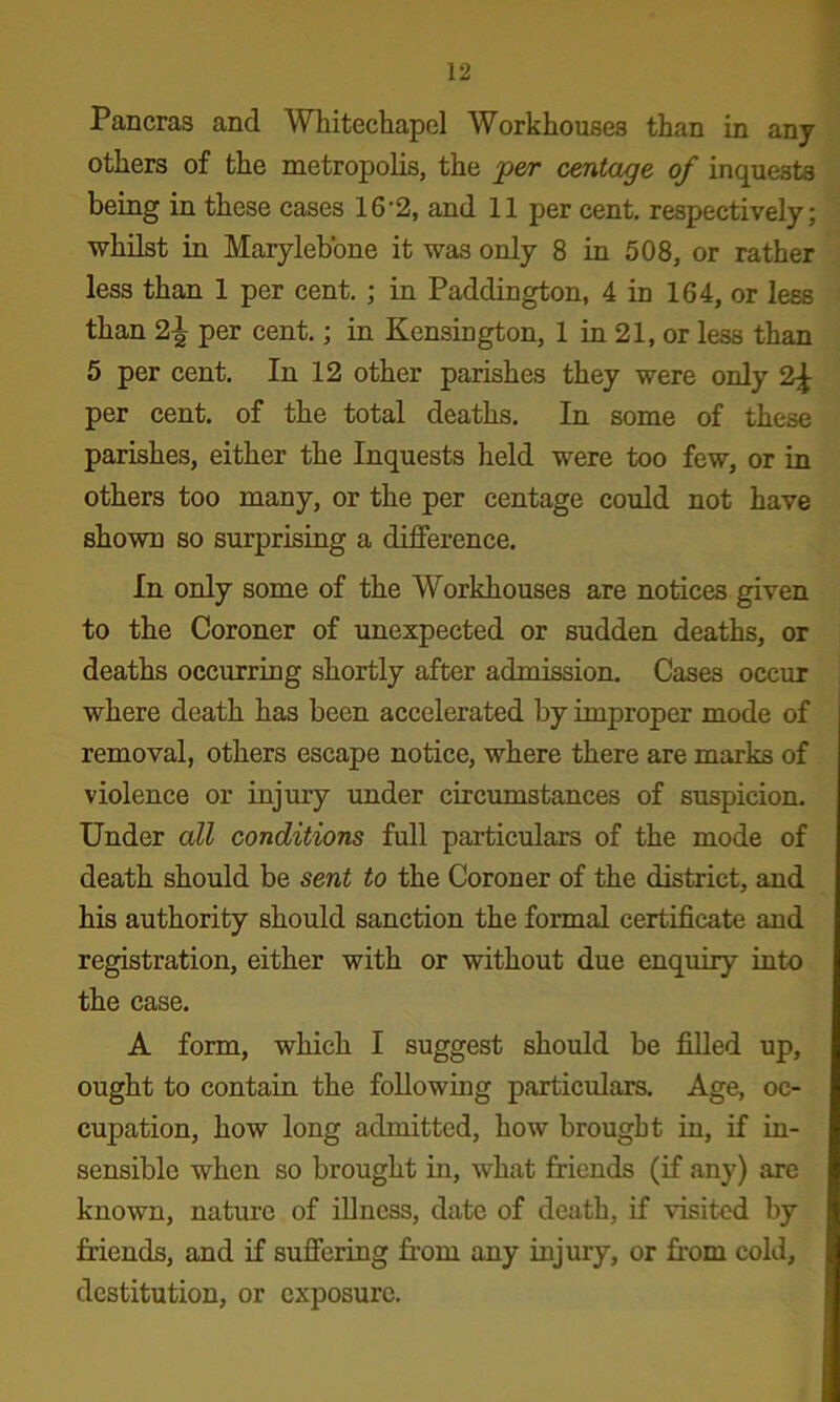 Pan eras and Whitechapel Workhouses than in any others of the metropolis, the per centage of inquests being in these cases 16’2, and 11 per cent, respectively; whilst in Marylebbne it was only 8 in 508, or rather less than 1 per cent. ; in Paddington, 4 in 164, or less than 2^ per cent.; in Kensington, 1 in 21, or less than 5 per cent. In 12 other parishes they were only 2^ per cent, of the total deaths. In some of these parishes, either the Inquests held were too few, or in others too many, or the per centage could not have shown so surprising a difference. In only some of the Workhouses are notices given to the Coroner of unexpected or sudden deaths, or deaths occurring shortly after admission. Cases occur where death has been accelerated by improper mode of removal, others escape notice, where there are marks of violence or injury under circumstances of suspicion. Under all conditions full particulars of the mode of death should be sent to the Coroner of the district, and his authority should sanction the formal certificate and registration, either with or without due enquiry into the case. A form, which I suggest should be filled up, ought to contain the following particulars. Age, oc- cupation, how long admitted, how brought in, if in- sensible when so brought in, what friends (if any) are known, nature of illness, date of death, if visited by friends, and if suffering from any injury, or from cold, destitution, or exposure.