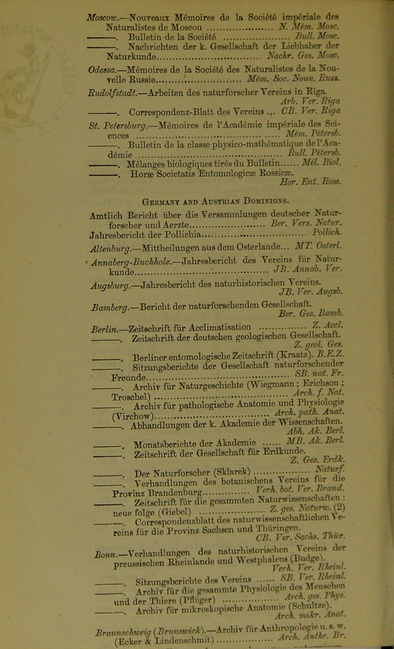 Moscow.—Nouveaux MiSmoires de la Socidt6 impferiale des Naturalistes de Moscou N. Mkm. Mosc. . Bulletin de la Soci6t6 Butt. Mosc. . Nacbrichten der k. Gesellscbaft der Liebhaber der Naturkunde Nachr. Ges. Mosc. Odessa.—M6moires de la Society des Naturalistes de la Nou- velle Eussie Mkrti. Soc. Nouv. Buss. Budolfstadt.—Arbeiten des naturforscher Yereins in Eiga. Arb. Ver. Riga . Correspondenz-Blatt des Vercins ... CB. \er.Biga St. Petersburg.—Memoires de l’Academie imperiale des Sci- ences ..... 3Iem. Petersh. . Bulletin de la classc physico-mathematiquc del’Aca- d6mie Butt. Petersh. . Melanges biologiques tir4s du Bulletin Mel. Biol. . Horse Societatis Entomological Eossicae. Eor. Ent. Boss. Germany and Austrian Dominions. Amtlieh Bericht iiber die Versammlungen deutscher Natur- forseber undAerzte Ber. Vers. Batur. Jabresbericbt der Pollicliia Pollich. Altenhurg.—Mittbeilungen aus dem Osterlande... MT. Osterl. ■ Annabcrg-Buchhole.—Jabresbericbt des Yereins fur Jiatur- kundo JB- Annab- 1 er- Augsburg.—Jabresbericbt des naturbistoriscbenYerein^^ B amber q.—Bericht der naturforsebenden Gesellscbaft. J Ber. Ges.Bamb. Berlin.—Zeitscbrift fur Acclimatisation ••••■ Z- Ac£- Zeitscbrift der deutseben geologischen Gesellschatt ' Z. geol. Ges. . Berliner entomologiscbe Zeitscbrift (Kraatz). B.E.Z. Sitzungsberichte der Gesellscbaft naturforschender Freunde.... —; SB: Fr] Arcbiv fiir Naturgescbicbte (Wiegmann , Erickson , Tr'oscbel) ; Archiv fiir patbologiscbe Anatomic und Physiologic (Tirchow) Arch. path. Anat. Abbandlungon der k. Akademie der W^enschaEen. . Monatsberichte der Akademie 3IB.Ak.Berl. 1 Zeitschrift der Gesellscbaft fur Erdkunde. Z. Ges. Erdk. Der Naturforscher (Sklarek) Katurf. . Yerbandlungen des botanisebens Yereins fur die Provinz Brandenburg hoL 1 CT' Zeitscbrift fiir dio gesammten NaturwissenscbaRen . neue folge (Giebel) Z- 9* Correspondcnzblatt des naturwisscnscbafUicben Ye- reins fiir die Provinz Saelisen und Thuni^m^ ^ Bonn.—Yerbandlungen des naturhistoriseben der preussiseben Ebeinlande und Sitzungsberichte dee Yereins ...... SB. Ver. Bh*nb , Arcbiv fur die gesammte Physiologic des Menachen und der Tliiere (Pfluger) V,V-;-V'w^ehult«tl * ’ . Arcbiv fiir mikroskop.sche Anatomm jBchidtze^ Braunschweig <Brunsmck).-Arbbxv fiir Anthropologic s£. (Ecker & Lindcnscbmit) Arch- A '