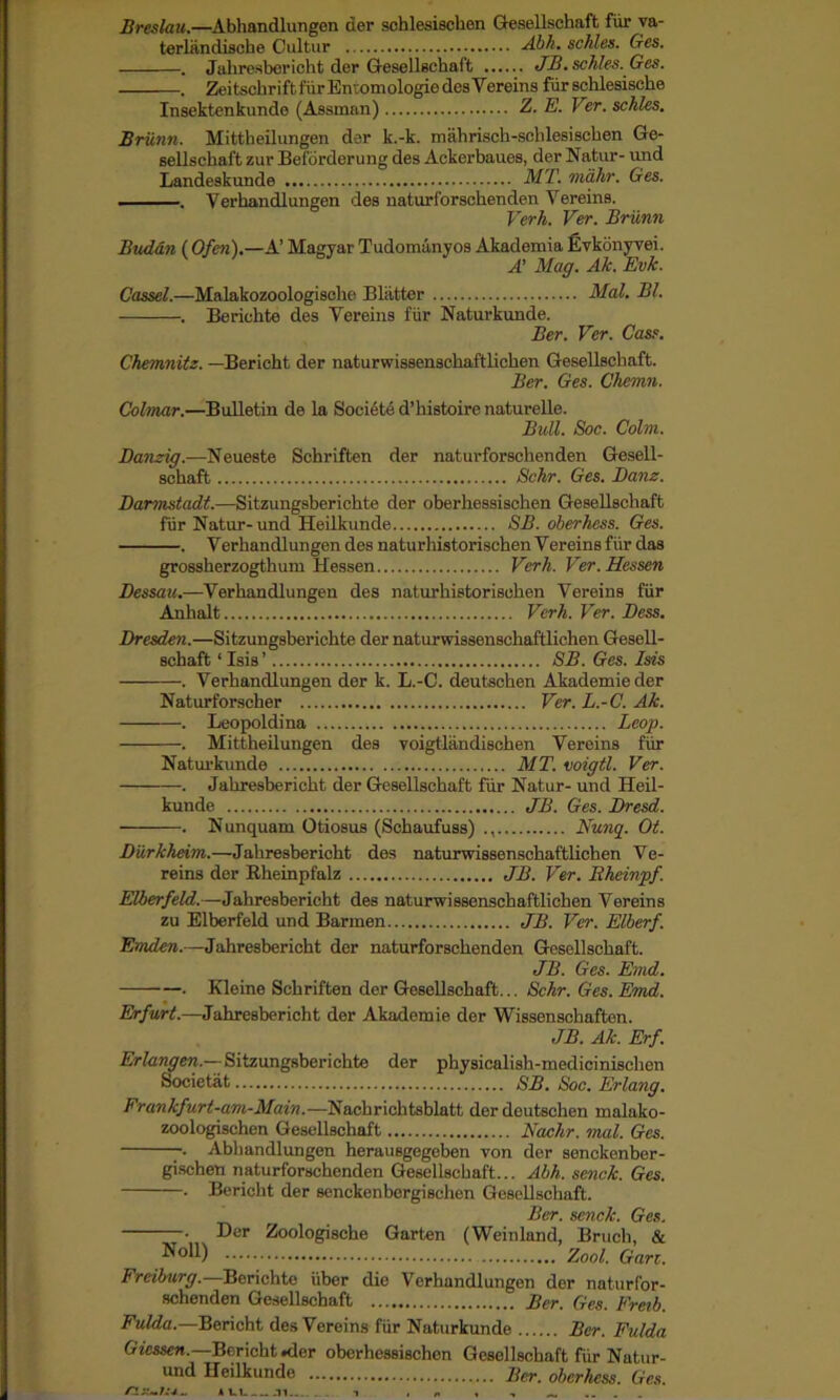Breslau.—Abhandlungen der schlesischen Gesellschaft fiir va- terliindische Cultur Abh. schles. Ges. . Jahresbericht der Gesellschaft JB. schles. Ges. . ZeitschriftfiirEntomologiedesVereins fiir schlesische Insektenkunde (Assman) Z. E. Ver. schles. Briinn. Mittheilungen der k.-k. mahrisch-schlesischen Ge- sellschaft zur Befbrdorung des Ackerbaues, der Natur- und Landeskunde MT. rndhr. Ges. . Verhandlungen des naturforschenden Vereins. Verh. Ver. Briinn Buddn l Ofen).—A’ Magyar Tudomanyos Akademia Evkonyvei. A' Mag. Ak. Evk. Cassel.—Malakozoologische Blatter Mai. Bl. . Berichte des Vereins fiir Naturkunde. Ber. Ver. Cass. Chemnitz. —Bericht der naturwissenschaftlichen Gesellschaft. Ber. Ges. Chemn. Colmar.—Bulletin de la Society d’histoire naturelle. Bull. Soc. Colm. Danzig.—Neueste Schriften der naturforschenden Gesell- schaft Schr. Ges. Danz. Darmstadt.—Sitzungsberiehte der oberhessischen Gesellschaft fiir Natur-und Heilkunde SB. oberhess. Ges. . Verhandlungen des naturhistorischen Vereins fiir das grossherzogthum Hessen Verh. Ver. Hessen Dessau.—Verhandlungen des naturhistorischen Vereins fiir Anhalt Verh. Ver. Dess. Dresden.—Sitzungsberiehte der naturwissenschaftlichen Gesell- schaft ‘ Isis ’ SB. Ges. Isis . Verhandlungen der k. L.-C. deutschen Akademie der Naturforscher Ver. L.-C. Ak. . Leopoldina Leop. . Mittheilungen des voigtlandischen Vereins fiir Naturkunde MT. noigtl. Ver. . Jahresbericht der Gesellschaft fur Natur- und Heil- kunde JB. Ges. Dresd. . Nunquam Otiosus (Schaufuss) Nunq. Ot. Diirkheim.—Jahresbericht des naturwissenschaftlichen Ve- reins der Rheinpfalz JB. Ver. Bheinpf. Elberfeld.— Jahresbericht des naturwissenschaftlichen Vereins zu Elberfeld und Barmen JB. Ver. Elberf. Emden.— Jahresbericht der naturforschenden Gesellschaft. JB. Ges. Emd. . Kleine Schriften der Gesellschaft... Schr. Ges. Emd. Erfurt.—Jahresbericht der Akademie der Wissenschafton. JB. Ak. Erf. Erlangen.—- Sitzungsberiehte der physicalish-medicinischen Societat SB. Soc. Erlang. Frankfurt-am-Main.—Nachrichtsblatt der deutschen malako- zoologischen Gesellschaft Nachr. mal. Ges. -. Abhandlungen herausgegeben von der senckenber- gischen naturforschenden Gesellschaft... Abh. senck. Ges. . Bericht der senckenbergischen Gesellschaft. Ber. senck. Ges. . Der Zoologische Garten (Weinland, Bruch, & Zool. Gart. Freiburg.—Berichte iiber die Verhandlungen der naturfor- schenden Gesellschaft Ber. Ges. Fretb. Fulda.—Bericht des Vereins fiir Naturkunde Ber. Fulda Giessen.—Bericht .der oberhessischen Gesellschaft fiir Natur- und Heilkunde Ber. oberhess. Ges. »i-i— -ii