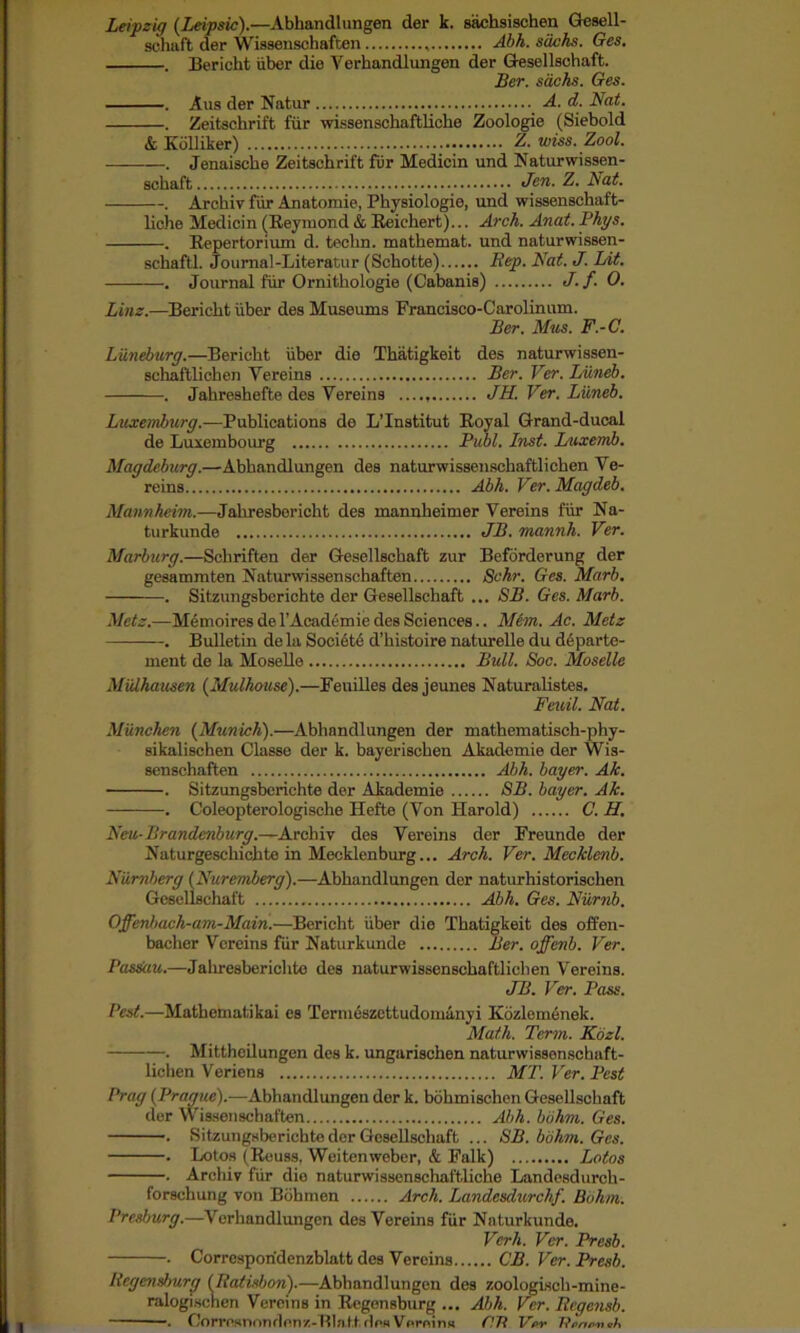 Leipzig {Leipsic).—Abhandlungen der k. sachsischen Gesell- schaft der Wissensohaften Abh. sacks. Ges. . Bericht iiber die Verhandlungen der Gesellsehaft. Ber. sacks. Ges. . Aus der Natur A. d. Nat. . Zeitschrift fur wissenschaftliclie Zoologie (Siebold & Kdlliker) A. uiiss. Zool. . Jenaiscbe Zeitschrift fur Medicin und Naturwissen- schaft Jen. Z. A at. . Archiv fiir Anatomie, Physiologic, und wissenscliaft- liche Medicin (Reymond & Reichert)... Arch. Anat. Phys. . Repertorium d. teclin. mathemat. und naturwissen- schaftl. Journal-Literatur (Schotte) Bep. Nat. J. Lit. . Journal fiir Ornithologie (Cabanis) J.f. 0. Linz.—Bericht iiber des Museums Francisco-Carolinum. Ber. Mus. F.-C. Liineburg.—Bericht iiber die Thatigkeit des naturwissen- schaftlichen Vereins Ber. Vcr. Luneb. . Jahreshefte des Vereins ...., JH. Ver. Liineb. Luxemburg.—Publications de L’Institut Royal Grand-ducal de Luxembourg Publ. Inst. Luxemb. Magdeburg.—Abhandlungen des naturwissenschaftlichen Ve- reins Abh. Ver. Magdeb. Mannheim.—Jahresbericht des mannheimer Vereins fiir Na- turkunde JB. mannh. Ver. Marburg.—Schriften der Gesellsehaft zur Beforderung der gesammten Naturwissenschaften Sc hr. Ges. Marb. . Sitzungsberichte der Gesellsehaft ... SB. Ges. Marb. Metz.—Menioires de l'Academie des Sciences.. Mtm. Ac. Metz . Bulletin de la Soci6t6 d’histoire naturelle du departe- ment de la Moselle Bull. Soc. Moselle Miilhausen (Mulhouse).—Fenilles des jeunes Naturalistes. Feuil. Nat. Munchen {Munich).—Abhandlungen der mathematisch-phy- sikalischen Classe der k. bayerischen Akademie der Wis- senschaften Abh. buyer. Ak. —. Sitzungsberichte dor Akademie SB. buyer. Ak. . Coleopterologische Hefte (Von Harold) C. II. Neu-Brandenburg.—Archiv des Vereins der Freunde der Naturgeschichte in Mecklenburg... Arch. Ver. Mecklenb. Niirnberg {Nuremberg).—Abhandlungen dor naturhistorischen Gesellsehaft Abh. Ges. Numb. Offenhach-am-Main.—Bericht iiber die Thatigkeit des offen- bacher Vereins fiir Naturkunde Ber. offenb. Ver. Passau.—Jahresberichte des naturwissenschaftlichen Vereins. JB. Ver. Pass. Pest.—Mathematikai es Termeszcttudomanyi Kozlemenek. Math. Term. Kozl. . Mittheilungen des k. ungarischen naturwissonsebaft- lichen Veriens MT. Ver. Pest Prag {Prague).—Abhandlungen dor k. bohmischen Gesellsehaft der Wissenschaften Abh. biihm. Ges. . Sitzungsberichte der Gesellsehaft ... SB. biihm. Ges. . Lotos (Rouss, Weitenweber, & Falk) Lotos . Archiv fiir dio naturwissenschaftliche Landesdurch- forschung von Bohmen Arch. Landesdurchf. Biihm. Presburg.—Verhandlungen des Vereins fiir Naturkunde. Verb. Ver. Presb. . Corresporidenzblatt des Vereins CB. Ver. Presb. Regensburg {Ratisbon).—Abhandlungen des zoologisch-mine- ralogischen Vereins in Regensburg ... Abh. Ver. Regensb. . Corresnondenz-'Blat.t.desVereins C’Jt Ver Tferwnvh I