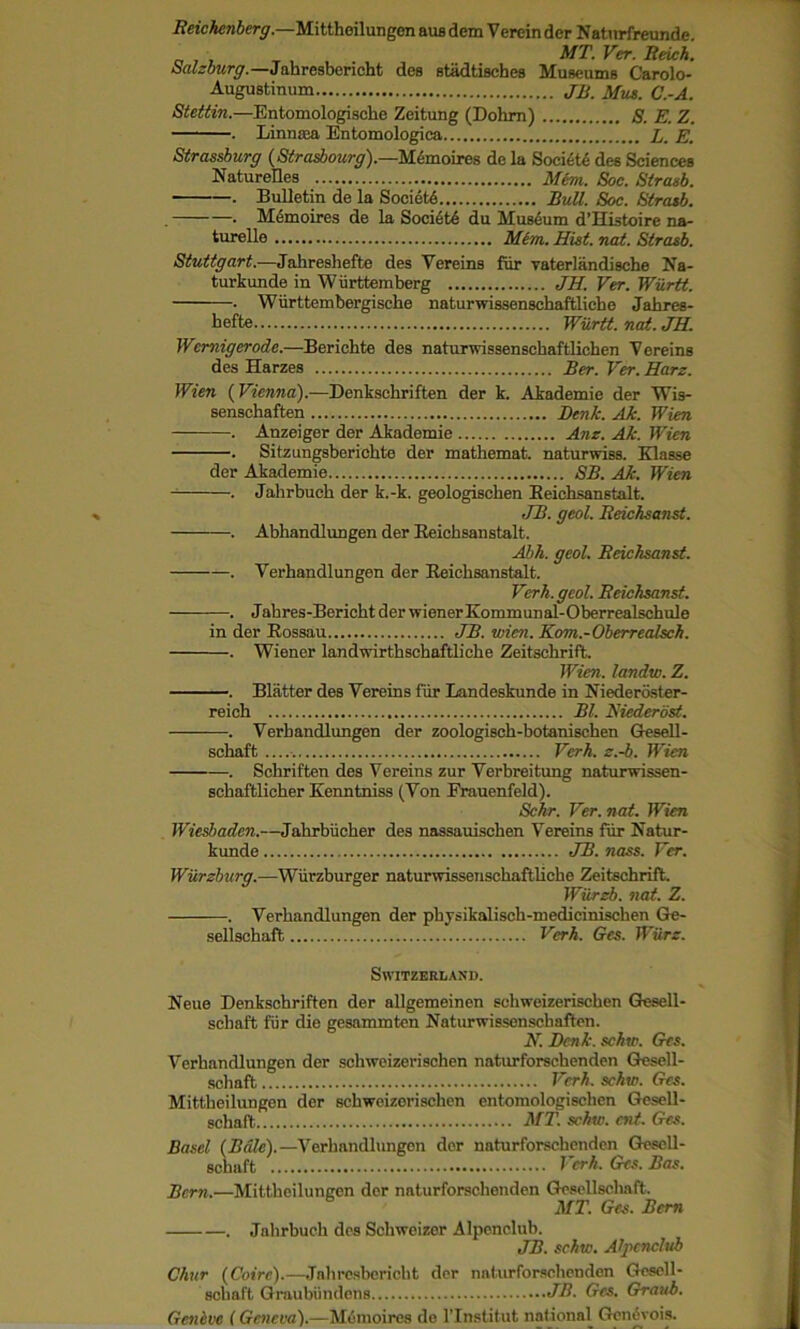 Reichenberg.—Mittheilungen ausdcmVereinder Natnrfreunde. MT. Ver. Reich. Salzburg. —Jahresbericht des stadtischea Muaeuma Carolo- Augustinum JB. Mils. C’.-A. Stettin.—Entomologische Zeitung (Dohm) S. E. Z. . Linnasa Entomologica L. E. Strassburg (Strasbourg).—Mbmoires de la Society dea Sciencea Naturelles Mem. Soc. Strasb. • . Bulletin de la Society Bull. Soc. Strasb. . • Memoires de la Society du Museum d’Histoire na- turelle Mem. Hist. not. Strasb. Stuttgart.—Jahreshefte des Vereins fur vaterlandische Na- turkunde in W iirttemberg JH. Ver. Wurtt. . Wiirttembergiscbe naturwissensehaftlicbe Jahrea- hefte Wurtt. not. JH. Wcrnigerode.—Berickte des naturwissenscbaftlicben Vereins des Harzes Ber. Ver. Harz. Wien (Vienna).—Denksckriften der k. Akademie der Wis- senschaften Denk. Ak. Wien . Anzeiger der Akademie Anz. Ak. Wien . Sitzungsberichte der mathemat. naturwiss. Klasse der Akademie SB. Ak. Wien . Jahrbucb der k.-k. geologiscken Keichsanstalt. JB. geol. Reichsanst. . Abhandlungen der Keichsanstalt. Abh. geol. Reichsanst. . Verhandlungen der Keichsanstalt. Ver h. geol. Reichsanst. . Jabres-Bericbt der wiener Kommunal-Oberrealschule in der Kossau JB. wien. Kom.-Oberrealsch. . Wiener landwirthschaftlicke Zeitschrift. Wien, landw. Z. . Blatter des Vereins fiir Landeskunde in Niederoster- reich Bl. Niederost. — . Verhandlungen der zoologiscb-botaniscben Gesell- scbaft Verh. z.-b. Wien —. Schriften des Vereins zur Verbreitung naturwissen- schaftlicher Kenntniss (Von Prauenfeld). Schr. Ver. nat. Wien Wiesbaden.—Jahrbiicber des naasauischen Vereins fur Natur- kunde JB. nass. Ver. Wurzburg.—Wiirzburger naturwissensehaftlicbe Zeitschrift. Wiirzb. nat. Z. . Verhandlungen der pbysikahsch-medicinischen Ge- sellschaft Verh. Ges. Wiirz. Switzerland. Neue Denkschriften der allgemeinen scliweizerischen Gesell- schaft fur die gesammten Naturwissenschaften. N. Denk. schw. Ges. Verhandlungen der scliweizerischen naturforsebenden Gesell- schaft Verh. schw. Ges. Mittheilungen der schweizorischen entomologischen Gesell- schaft MT. schw. ait. Ges. Basel (Bale).—Verhandlungen der naturforsebenden Gesell- schaft Verh. Ges. Bas. Bern.—Mittbeiluncen dor naturforsebenden Gesellsehaft. MT. Ges. Bern . Jnhrbueh des Schweizer Alpenclub. JB. schw. Alpenclub Chur (Coirc).—.Tnhresbericht der naturforsebenden Gesell- schaft Graubiindens JB. Ges. Graub. Geneve (Geneva).—Memoires de l’lnstitut national Genbvois.