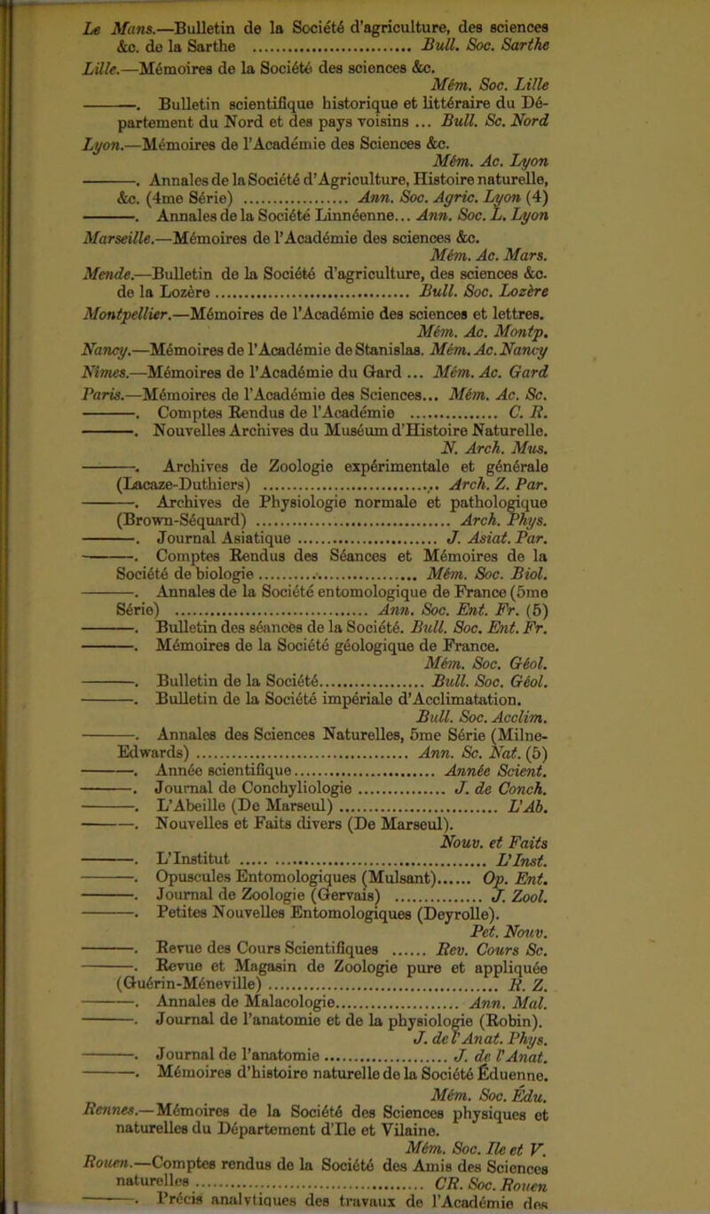 Le Mans.—Bulletin de la Society d’agriculture, des sciences &c. de la Sarthe Bull. Soc. Sarthe Lille.—Mdmoires de la Soeidtd des sciences &c. Mem. Soc. Lille . Bulletin scientifique historique et littdraire du Dd- partement du Nord et des pays yoisins ... Bull. Sc. Nord Lyon.—Memoires de l’Academie des Sciences &c. Mtm. Ac. Lyon . Annales de la Soeidtd d’Agriculture, Histoire naturelle, &c. (4me Sdrie) Ann. Soc. Agric. Lyon (4) . Annales de la Socidte Linndenne... Ann. Soc. L. Lyon Marseille.—Memoires de l’Academie des sciences &c. Man. Ac. Mars. Mende.—Bulletin de la Society d’agriculture, des sciences &c. de la Lozere Bull. Soc. Lozere Montpellier.—Mdmoires de l’Academie des sciences et lettres. Mem. Ac. Montp. Nancy.—Memoires de P Academic de Stanislas. Mem. Ac.Nancy Nimes.—Memoires de l’Acaddmie du Gard ... Mem. Ac. Gard Paris.—Memoires de l’Acaddmie des Sciences... Mem. Ac. Sc. . Comptes Eendus de 1’Academic C. R. . Nouvelles Archives du Museum d’Histoire Naturelle. N. Arch. Mus. . Archives de Zoologie expdrimentale et gdndrale (Lacaze-Duthiers) Arch. Z. Par. . Archives de Physiologie normale et pathologique (Brown-Sdquard) Arch. Phys. . Journal Asiatique J. Asiat. Par. . Comptes Eendus des Stances et Mdmoires de la Soeidtd de biologie ■ Mim. Soc. Biol. . Annales de la Socidte entomologique de Prance (5me Sdrie) Ann. Soc. Ent. Fr. (5) . Bulletin des sdances de la Societd. Bull. Soc. Ent. Fr. . Mdmoires de la Soeidtd gdologique de Prance. Mem. Soc. GM. . Bulletin de la Soeidtd Bull. Soc. Geol. . Bulletin de la Socidte imperiale d’Acelimatation. Bull. Soc. Acclim. . Annales des Sciences Naturelles, 5me Sdrie (Milne- Edwards) Ann. Sc. Nat. (5) . Annde scientifique Annee Scient. . Journal de Conchyliologie J. de Conch. . L’Abeille (De Marseul) L'Ab. . Nouvelles et Faits divers (De Marseul). Nouv. et Faits . L’Institut L’Inst. . Opuscules Entomologiques (Mulsant) Op. Ent. . Journal de Zoologie (Gervais) J. Zool. . Petites Nouvelles Entomologiques (Deyrolle). Pet. Nouv. . Eevue des Cours Scientifiques Iicv. Cours Sc. . Revue et Magasin de Zoologie pure et appliqude (Gudrin-Mdneville) B. Z. . Annales de Malacologie Ann. Mai. . Journal de l’anatomie et de la physiologie (Robin). J. dcl’Anat. Phys. . Journal de l’anatomie J. de VAnat. . Mdmoires d’histoire naturelle de la Soeidtd fiduenno. Mem. Soc. Edu. Rennes.—Mdmoires de la Soeidtd des Sciences physiques et naturelles du Ddpartement d’lle et Vilaine. Mem. Soc. He et V. Rouen.—Comptes rendus de la Soeidtd des Amis des Sciences naturelles CR. Soc. Rouen . Precis analvtiques des travaux de P Academic des