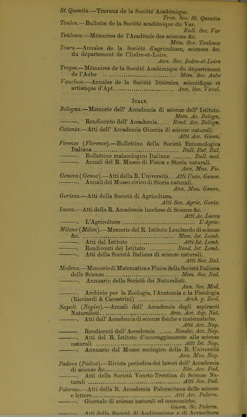 St. Quentin.—Traraux de la Soci6t£ Acaddmique. Trav. Soc. St. Quentin Toulon.—Bulletin do la SocidtA acad6mique du Var. Bull. Soc. Var Toulouse.—Memoires do l’Acad6mie des sciences &c. Mtm. Soc. Toulouse lours.—Annales de la Society d’agriculture, sciences &c. du departement de l’Indre-et-Loire. Ann. Soc. Indrc-et-Loire Troyes.—Memoires de la Soci6te Acadi-mique du departernent de l’Aube Mem. Soc. Aube Vaucluse.—Annales de la Society litttraire, scientifique et artistique d’Apt Ann. Soc. Fauci. Italy. Bologna.—Memorie dell’ Accademia di scienze dell’ Istituto. Mem. Ac. Bologn. . Eendiconto dell’ Accademia Bend. Acc. Bologn. Catania.—Atti dell’ Accademia Gioenia di scienze naturali. Atti Acc. Giocn. Firenze (Florence).—Bullettino della Societa Entomologica Italiana Bull. Ent. Ital. . Bullettino malacologico Italiano Bull. mal. . Annali del R. Museo di Fisica e Storia naturali. • Ann. Mus. Fis. Genova (Genoa).—Atti della R. Uni versita... Atti Univ. Genov. . Annali del Museo oirico di Storia naturali. Ann. Mus. Genov. Gorieia.—Atti della Societa di Agricoltura. Atti Soc. Agric. Goriz. Lucca.-—Atti della R. Accademia lucchese di Scienze &c. Atti Ac. Lucca . L’Agricoltore L'Agric. Milano (Milan).—Memorie del R. Istituto Lombardo di scienze &c Mem. 1st. Lomh. . Atti del Istituto Atti 1st. Lomb. . Rendiconti del Istituto Rend. 1st. Lomb. . Atti della Societa Italiana di scienze naturali. Atti Soc. Ital. Modena.—Memorie di Matematica e Fisica della Societa Italiana delle Scienze Mem. Soc. Ital. . Annuario della Societa dei Naturalisti. Ann. Soc. Mod. . Archivio per la Zoologia, l’Anatomia e la Fisiologia (Ricciardi & Canestrini) Arch. p. Zool. Napoli (Naples).—Annali dell’ Accademia degli aspirant! Naturalisti Ann. Acc. Asp. Nat. . Atti dell’ Accademia di scienze fisiche e matematiche. Atti Acc. Nap. . Rendiconti dell’ Accademia Eendic. Acc. Nap. . Atti del R. Istituto d’ineoraggiamento alle scienze naturali Atti 1st. Nap. —. Annuario del Museo zoologico della R. Universita Ann. Mus. Nap. Padova (Padua).—Rivista periodica dei laYori dell’ Accademia di scienze &c Biv. Acc. Pad-. . Atti della SocietA Veneto-Trentina di Scienze Na- turali Atti Soc.Pad. Palermo.—Atti della R. Accademia Palemiitana delle scienze o lettere Atti Acc. Palcrm. . Giomale di scienze naturali ed economiche. Giont. Sc. Palcrm. Atti del In SonietA di Acelimnzirmo p di Aprienltura