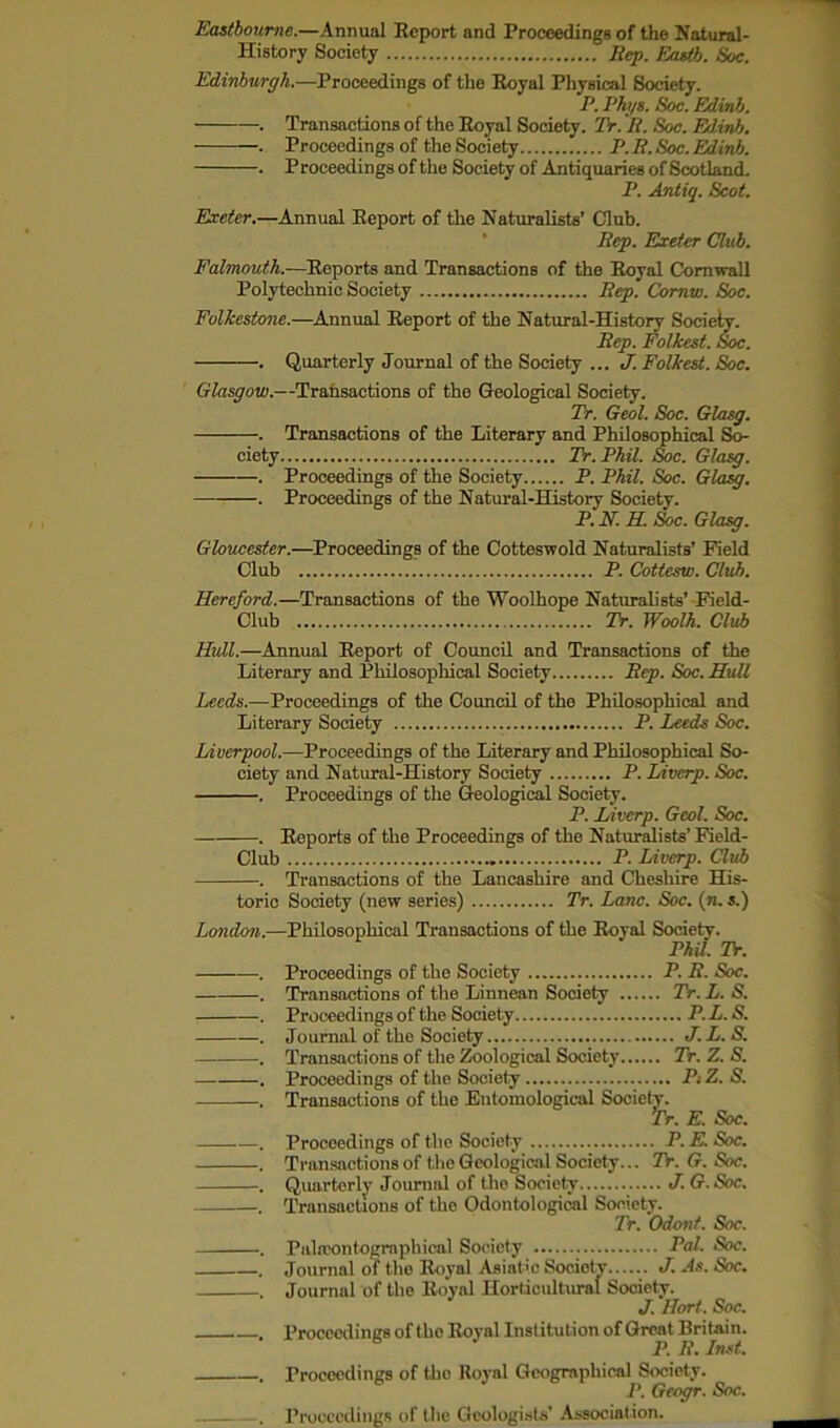 Eastbourne.—Annual Report and Proceedings of the Natural- History Society Rep. Eastb. Soe. Edinburgh.—Proceedings of the Royal Physical Society. P. Phys. Soc. Edinb. . Transactions of the Royal Society. Tr. R. Soc. Edinb. . Proceedings of the Society P.R. Soc. Edinb. . Proceedings of the Society of Antiquaries of Scotland. P. Antiq. Scot. Exeter.—Annual Report of the Naturalists’ Club. Rep. Exeter Club. Falmouth.—Reports and Transactions of the Royal Cornwall Polytechnic Society Rep. Cornw. Soc. Folkestone.—Annual Report of the Natural-History Society. Rep. Folkest. Soc. . Quarterly Journal of the Society ... J. Folkest. Soc. Glasgow.—Transactions of the Geological Society. Tr. Geol. Soc. Glasg. . Transactions of the Literary and Philosophical So- ciety Tr.Phil. Soc. Glasg. . Proceedings of the Society P. Phil. Soc. Glasg. . Proceedings of the Natural-History Society. P.N.H.Soc. Glasg. Gloucester.—Proceedings of the Cotteswold Naturalists’ Field Club P. Cottesw. Club. Hereford.—Transactions of the Woolhope Naturalists’ Field- Club Tr. Woolh. Club Hull.—Annual Report of Council and Transactions of the Literary and Philosophical Society Rep. Soc. Hull Leeds.—Proceedings of the Council of the Philosophical and Literary Society P. Leeds Soc. Liverpool.—Proceedings of the Literary and Philosophical So- ciety and Natural-History Society P. Liverp. Soc. . Proceedings of the Geological Society. P. Liverp. Geol. Soc. . Reports of the Proceedings of the Naturalists’ Field- Club P. Liverp. Club . Transactions of the Lancashire and Cheshire His- toric Society (new series) Tr. Lane. Soc. (n. s.) London.—Philosophical Transactions of the Royal Society. Phil. Tr. . Proceedings of the Society P. R. Soc. . Transactions of the Linnean Society Tr. L. S. . Proceedings of the Society P.L. S. . Journal of the Society J.L.S. . Transactions of the Zoological Society Tr. Z. S. . Proceedings of the Society PiZ. S. . Transactions of the Entomological Society. ’Tr. E. Soc. . Proceedings of the Society P.E. Soc. . Transactions of the Geological Society... Tr.G.Soc. . Quarterly Journal of the Society J. G. Soc. . Transactions of the Odontological Society. Tr. Odonf. Soc. . Pabcontographical Society Pal. Soc. . Journal of the Royal Asiatic Society...... J. As. Soc. . Journal of the Royal Horticultural Society. J. Hort. Soc. . Proceedings of tho Royal Institution of Great Britain. P. R. Inst. . Proceedings of tho Royal Geographical Society. P. Gcogr. Soc. . Proceedings of the Geologists’ Association.