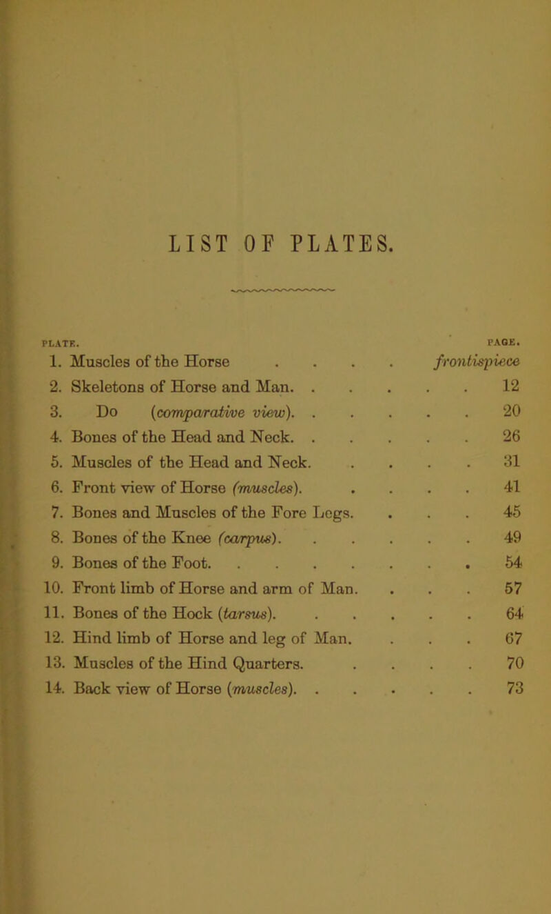 LIST OF PLATES. PLATE. PAGE. 1. Muscles of the Horse .... frontispiece 2. Skeletons of Horse and Man 12 3. Do (comparative view) 20 4. Bones of the Head and Neck 26 5. Muscles of the Head and Neck. .... 31 6. Front view of Horse (muscles). .... 41 7. Bones and Muscles of the Fore Legs. ... 45 8. Bones of the Knee (carpus) 49 9. Bones of the Foot 54 10. Front limb of Horse and arm of Man. ... 57 11. Bones of the Hock (tarsus). 64 12. Hind limb of Horse and leg of Man. ... 67 13. Muscles of the Hind Quarters. .... 70