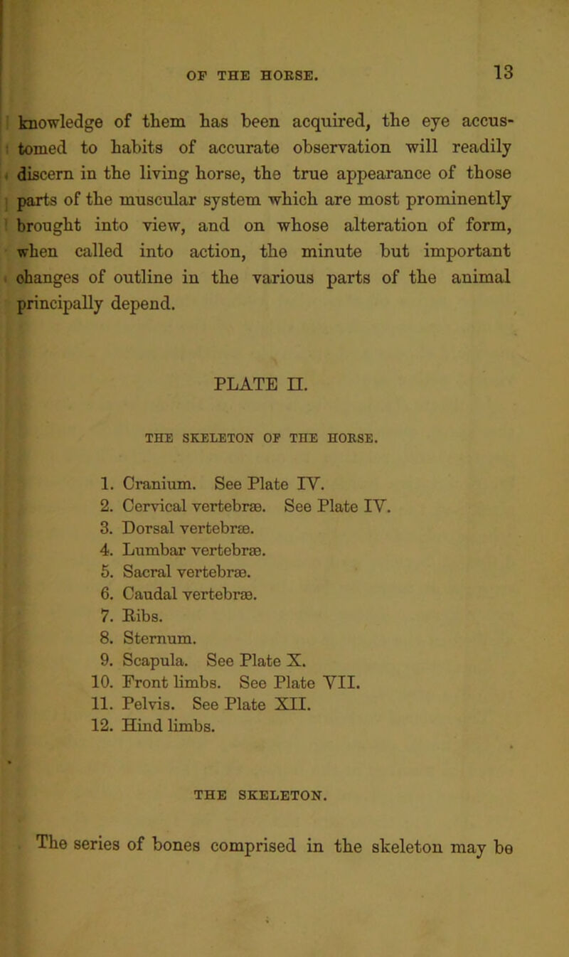 knowledge of them has been acquired, the eye accus- tomed to habits of accurate observation will readily 4 discern in the living horse, the true appearance of those j parts of the muscular system which are most prominently brought into view, and on whose alteration of form, when called into action, the minute but important i ohanges of outline in the various parts of the animal principally depend. PLATE H. THE SKELETON OF THE HORSE. 1. Cranium. See Plate IV. 2. Cervical vertebrae. See Plate IV. 3. Dorsal vertebrae. 4. Lumbar vertebrae. 5. Sacral vertebrae. 6. Caudal vertebrae. 7. Ribs. 8. Sternum. 9. Scapula. See Plate X. 10. Front limbs. See Plate VII. 11. Pelvis. See Plate XII. 12. Hind limbs. THE SKELETON. The series of bones comprised in the skeleton may be