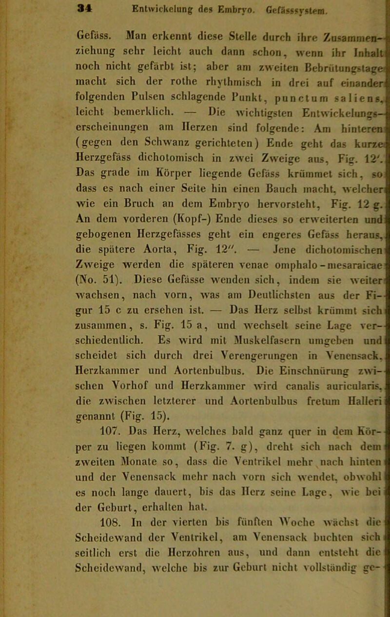 Gefiiss. Man erkennt diese Stelle durch ihre Zusammen— Ziehung sehr leicht auch dann schon, wenn ihr InhaJt noch nicht gefärbt ist; aber am zweiten Bcbrütungstagei macht sich der rothe rhythmisch in drei auf einander folgenden Pulsen schlagende Punkt, punctum saliens, leicht bemerklich. — Die wichtigsten Entwickelungs— erscheinungen am Herzen sind folgende: Am hinteren: (gegen den Schwanz gerichteten) Ende geht das kurz« Herzgefäss dichotomisch in zwei Zweige aus, Fig. 12'. Das grade im Körper liegende Gefäss krümmet sich, so dass es nach einer Seite hin einen Bauch macht, welcher wie ein Bruch an dem Embryo hersorsteht, Fig. 12 g. An dem vorderen (Kopf-) Ende dieses so erweiterten und gebogenen Herzgefasses geht ein engeres Gefäss heraus, die spätere Aorta, Fig. 12. — Jene dichotomischen Zweige werden die späteren venae omphalo - mesaraicae (No. 51). Diese Gefässe wenden sich, indem sie weiter wachsen, nach vorn, was am Deutlichsten aus der Fi- gur 15 c zu ersehen ist. — Das Herz selbst krümmt sich zusammen, s. Fig. 15 a, und wechselt seine Lage ver- schiedentlich. Es wird mit Muskelfasern umgeben und scheidet sich durch drei Verengerungen in Venensack, Herzkammer und Aortcnbulbus. Die Einschnürung zwi- schen Vorhof und Herzkammer wird canalis auricularis, die zwischen letzterer und Aorlenbulbus fretum Halleri genannt (Fig. 15). 107. Das Herz, welches bald ganz quer in dem Kör- per zu liegen kommt (Fig. 7. g), dreht sich nach dem zweiten Monate so, dass die Ventrikel mehr nach hinten und der Venensack mehr nach vorn sich wendet, obwohl es nocli lange dauert, bis das Herz seine Lage, wie bei der Geburt, erhalten hat. 108. In der vierten bis füiiAcn Woche wächst die Scheidewand der Ventrikel, am Venensack buchten sich, seitlich erst die Herzohren aus, und dann entsteht die Scheidewand, welche bis zur Geburt nicht vollständig ge-