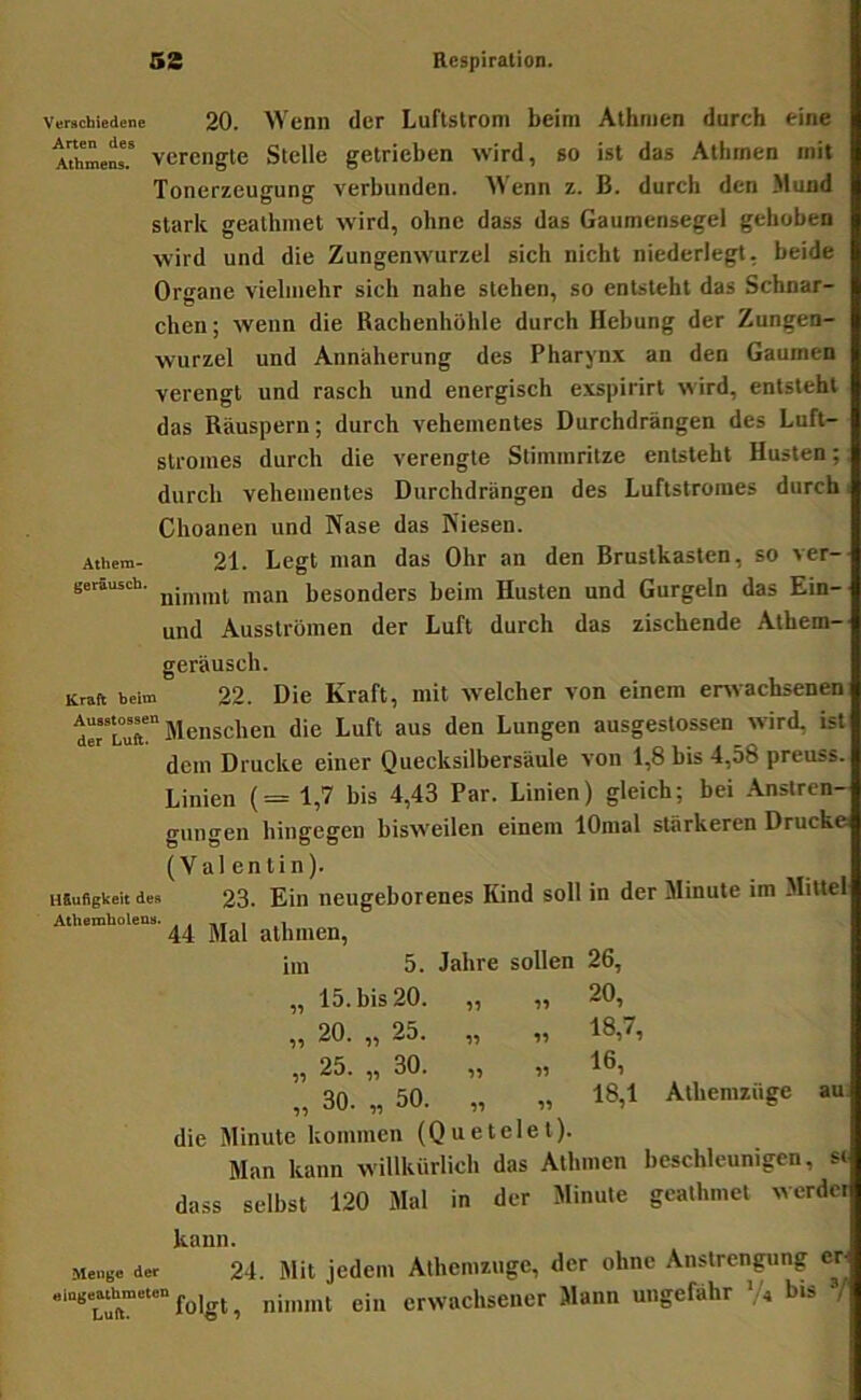 Verschiedene 20. Wcnii der Luftslrom beim Athinen durch eine AAmeM.’ Verengte Stelle getrieben wird, so ist das Athmen mit Tonerzeugung verbunden. Wenn z. B. durch den Mund stark gealhmet wird, ohne dass das Gaumensegel gehoben wird und die Zungenwurzel sich nicht niederlegt, beide Organe vielmehr sich nahe stehen, so entsteht das Schnar- chen; wenn die Rachenhöhle durch Hebung der Zungen- wurzel und Annäherung des Pharynx an den Gaumen verengt und rasch und energisch exspirirt wird, entsteht das Räuspern; durch vehementes Durchdrängen des Luft- stromes durch die verengte Stimmritze entsteht Husten; durch vehementes Durchdrängen des Luftstroraes durch Choanen und Nase das Niesen. Athcm- 21. Legt man das Ohr an den Brustkasten, so ver- gerausch. jjesonders beim Husten und Gurgeln das Ein- und Ausströmen der Luft durch das zischende Athem- geräusch. Kraft Seim 22. Die Kraft, mit welcher von einem envachsenen IrLuft“” Menschen die Luft aus den Lungen ausgestossen wird, ist dem Drucke einer Quecksilbersäule von 1,8 bis 4,58 preuss. Linien {= 1,7 bis 4,43 Par. Linien) gleich; bei Anstren- gungen hingegen bisweilen einem lOmal stärkeren Drucke (Valentin). HSuflgkeit de« 23. Ein ncugcborenes Kind soll in der Minute im Mittel Athemholens. _ . , 44 Mal alnmen, im 5. Jahre sollen 26, „ 15. bis 20. „ „ 20, „ 20. „ 25. „ „ 18,7, „ 25. „ 30. „ „ 16, „ 30. „ 50. „ „ 18,1 Alhemzüge au die Minute kommen (Quetelel). Man kann willkürlich das Athmen beschleunigen, st dass selbst 120 Mal in der Minute geathmet werdet kann. Menge der 24. Mit jedem Athemznge, der ohne Anstrengung er e,ngeathme.enj.^l^^^ nimmt eilt erwachsener Mann ungefähr '4 bis •/