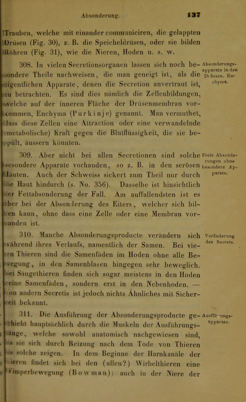 rrrauben, welche mit einander coinmuniciren, die gelappten lOrüsen (Fig. 30), z. B. die Speicheldrüsen, oder sie bilden KRöhren (Fig. 31), wie die Nieren, Hoden u. s. w. eigentlichen Apparate, denen die Secretion anvertrant ist, zu betrachten. Es sind dies nämlich die Zellcnbildungen, »svelche auf der inneren Flache der Drüsenmembran Vor- kommen, Enchyma (Purkinje) genannt. Man vernuithet, ddass diese Zellen eine Attraction oder eine verwandelnde smetabolische) Kraft gegen die Blutflüssigkeit, die sie be- pült, äussern könnten. 308. In vielen Secretionsorganen lassen sich noch be- Absonderung». 1 . 1. • • 11« apparate ln den londere Theile nachweisen, die man geneigt ist, als die Diawen. En- cliyma. 309. Aber nicht bei allen Secretionen sind solche pki® Absonde- biesondere Apparate vorhanden, so z. B. in den serösen bM^ndere Ap- Uauten. Auch der Schweiss sickert zum Theil nur durch p««- . lie Haut hindurch (s. No. 356). Dasselbe ist binsichtlich Wer Fettabsonderung der Fall. Am auffallendsten ist es ibber bei der Absonderung des Eiters, welcher sich bil- l';en kann, ohne dass eine Zelle oder eine Membran vor- nanden ist. 310. .Manche Absonderungsproducte verändern sich Veränderung vährend ihres Verlaufs, namentlich der Samen. Bei vie- ten Thieren sind die Samenfäden im Hoden ohne alle Be- wegung, in den Samenblasen hingegen sehr beweglich. Wei Säugethieren finden sich sogar meistens in den Hoden ■ eine Samenfäden, sondern erst in den Nebenhoden. — I on andern Secretis ist Jedoch nichts Ähnliches mit Sicher- , 'cit bekannt. 311. Die Ausführung der Absonderungsproducte ge-Au»tab-ung»- . rbhieht hauptsächlich durch die Muskeln der Ausfübrungs- I '■änge, welche sowohl anatomisch nachgewiesen sind, . SS sie sich durch Reizung nach dem Tode von Thieren I Ws solche zeigen. In dem Beginne der Harnkanäle der f 'ieren findet sich bei den (allen?) Wirbeltbiercn eine t ‘i^imperbewegnng (Bowman); ancb in der Niere der