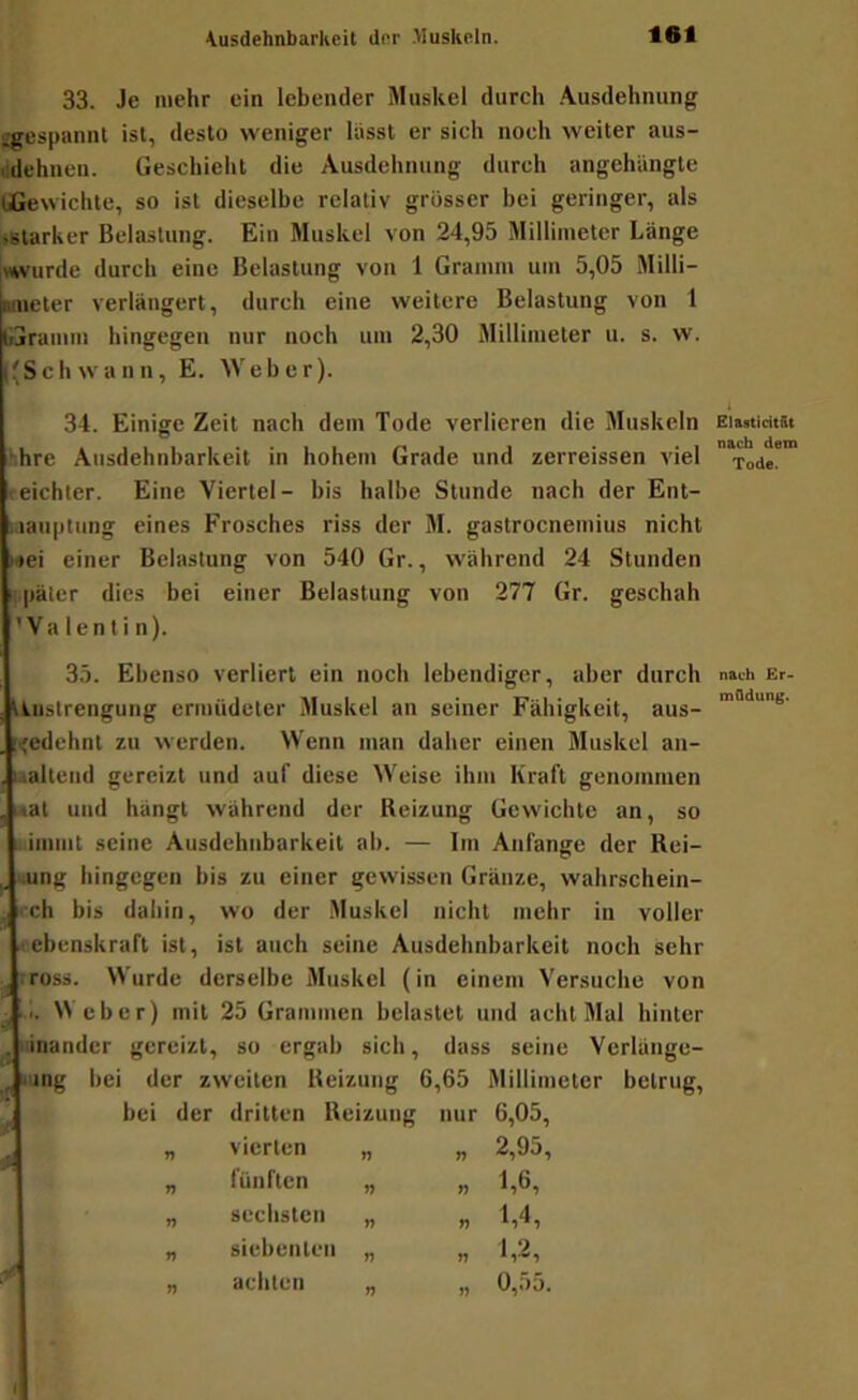 33. Je mehr ein lebender Muskel durch .\usdehnung jrgespannt ist, desto weniger lasst er sich noch weiter aus- i.dehnen. Geschieht die Ausdehnung durch angehängte iCewichte, so ist dieselbe relativ grösser bei geringer, als iBtarker Belastung. Ein Muskel von 24,95 Millimeter Länge jvwurde durch eine Belastung von 1 Gramm um 5,05 Milli- ^meter verlängert, durch eine weitere Belastung von 1 SGramm hingegen nur noch um 2,30 Millimeter u. s. w. ((Schwann, E. AVeher). 34. Einige Zeit nach dem Tode verlieren die Muskeln hhre Ansdehnharkeit in hohem Grade und zerreissen viel ■ eichter. Eine Viertel- bis halbe Stunde nach der Ent- 'lauptung eines Frosches riss der M. gastrocnemius nicht >i»ei einer Belastung von 540 Gr., während 24 Stunden i;|)äter dies bei einer Belastung von 277 Gr. geschah 'Valentin). 35. Ebenso verliert ein noch lebendiger, aber durch Anstrengung ermüdeter Muskel an seiner Fähigkeit, aus- [<edehnt zu werden. Wenn man daher einen Muskel an- »altend gereizt und auf diese Weise ihm Kraft genommen utat und hängt während der Reizung Gewichte an, so iiiimmt seine Ausdehnbarkeit ab. — Im Anfänge der Rei- .ung hingegen bis zu einer gewissen Gränze, wahrschein- ^ »ch bis dahin, wo der .Muskel nicht mehr in voller . ebenskraft ist, ist auch seine Ausdehnbarkeit noch sehr . .ross. Wurde derselbe Muskel (in einem Versuche von Weber) mit 25 Grammen belastet und acht Mal hinter . iiinander gereizt. so ergab sich, dass seine Verlänge- «ung bei der zweiten Reizung 6,65 Millimeter betrug. ^ bei der dritten Reizung nur 6,05, n vierten „ 17 2,95, n fünften „ 17 1,6, n sechsten „ 17 1,4, 17 siebenten „ 77 1,2, 17 achten „ 77 0,55. ElasticitSi nach dem Tode. nach Er- müdung.