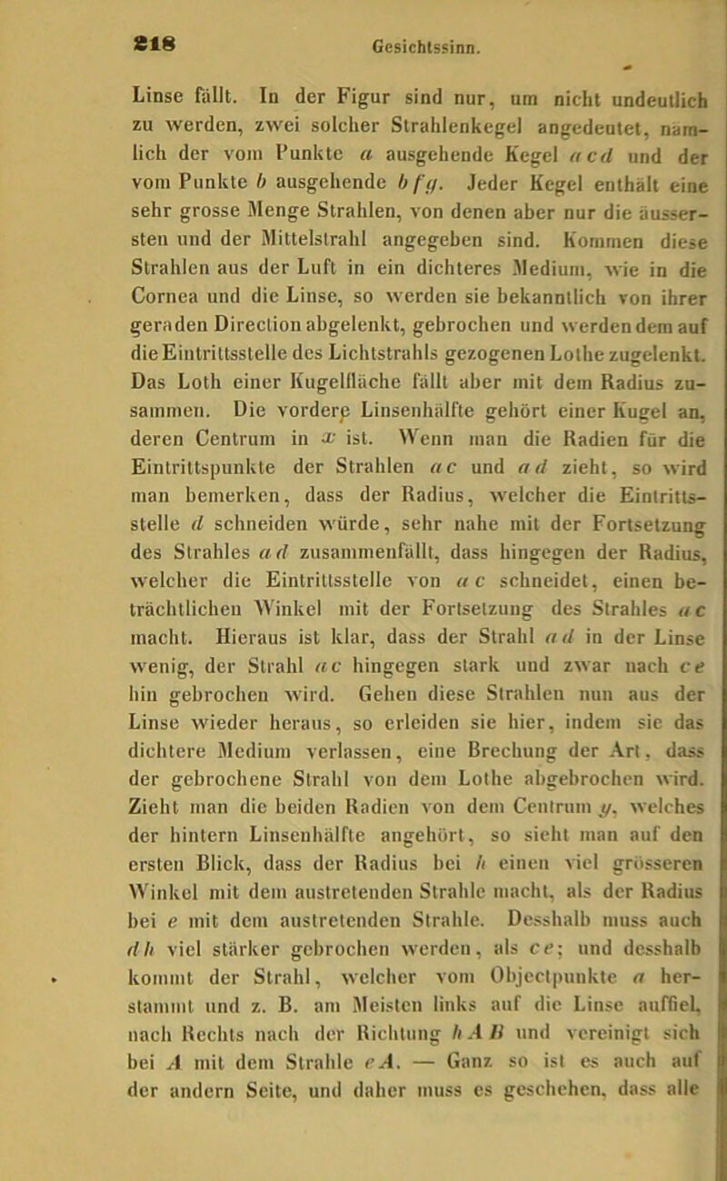 Linse fallt. In der Figur sind nur, um nicht undeutlich zu werden, zwei solcher Strahlenkegel angedeutet, näm- lich der vom Punkte a ausgehende Kegel acd und der vom Punkte h ausgehende bf'g. Jeder Kegel enthält eine sehr grosse Menge Strahlen, von denen aber nur die äusser- steii und der Mittelstrahl angegeben sind. Kommen diese Strahlen aus der Luft in ein dichteres .Medium, wie in die Cornea und die Linse, so werden sie bekanntlich von ihrer geraden Direclion abgelenkt, gebrochen und werden dem auf die Eintrittsstelle des Lichtstrahls gezogenen Lothe zugelenkt. Das Loth einer Kugellläche fällt aber mit dem Radius zu- sammen. Die vorderp Linsenhälfte gehört einer Kugel an, deren Centrum in a-' ist. Wenn man die Radien für die Einlrittspunkte der Strahlen ac und ad zieht, so wird man bemerken, dass der Radius, welcher die Eintritts- stelle d schneiden würde, sehr nahe mit der Fortsetzung des Strahles ad zusammenfällt, dass hingegen der Radius, welcher die Eintrittsstelle von uc schneidet, einen be- trächtlichen 'Winkel mit der Fortsetzung des Strahles ac macht. Hieraus ist klar, dass der Strahl a d in der Linse wenig, der Strahl ac hingegen stark und zwar nach ce hin gebrochen wird. Gehen diese Strahlen nun aus der Linse wieder heraus, so erleiden sie hier, indem sie das dichtere Medium verlassen, eine Brechung der .\rt, dass der gebrochene Strahl von dem Lothe abgebrochen wird. Zieht man die beiden Radien von dem Centrum welches der hintern Linsenhälfte angehört, so sieht man auf den ersten Blick, dass der Radius bei h einen viel grösseren Winkel mit dem austretenden Strahle macht, als der Radius bei e mit dem austretenden Strahle. Desshalb muss auch dh viel stärker gebrochen werden, als ce\ und desshalb kommt der Strahl, welcher vom Objectpunkte a her- stammt und z. B. am Meisten links auf die Linse aufliel, nach Rechts nach der Richtung hAli und vereinigt sich bei A mit dem Strahle eA. — Ganz so ist es auch auf der andern Seite, und daher muss cs geschehen, dass alle
