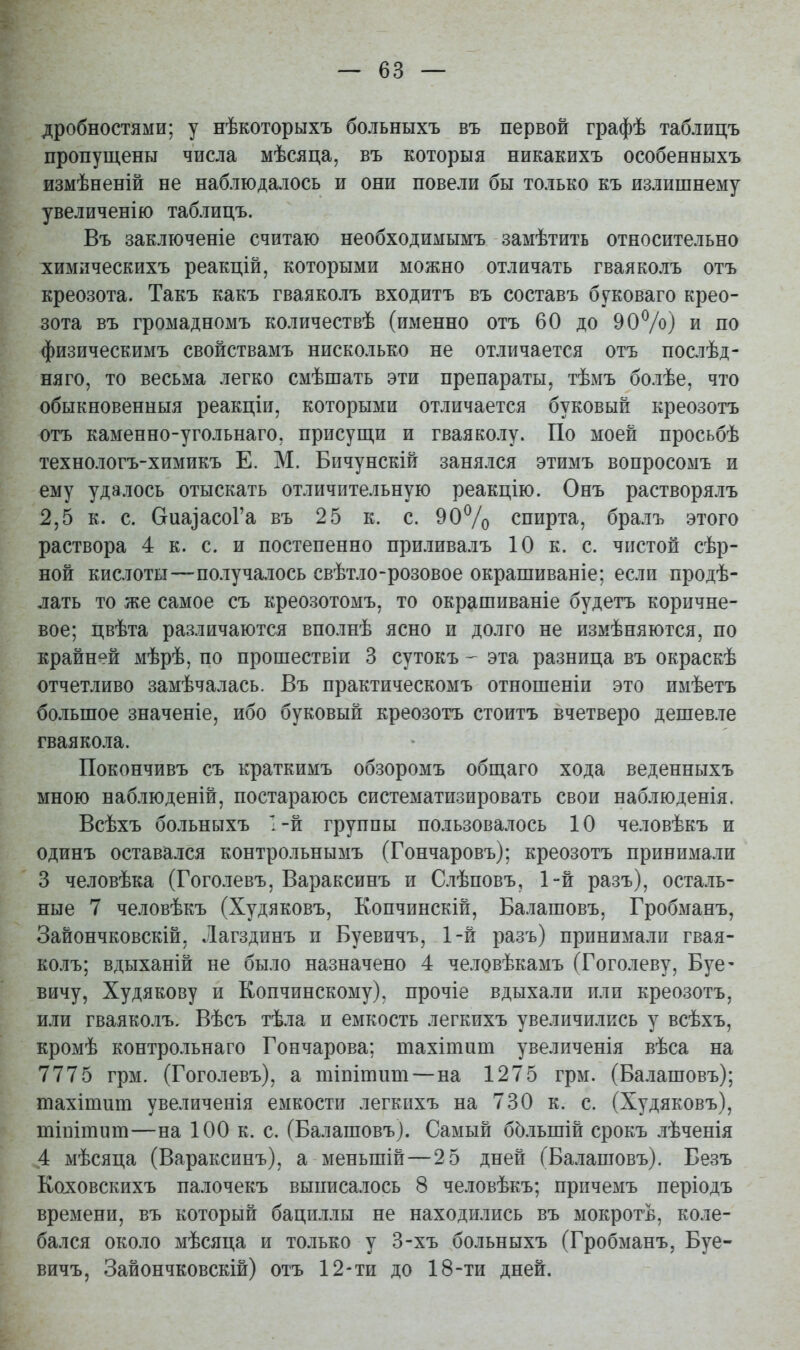 дробностями; у нѣкоторыхъ больныхъ въ первой графѣ таблицъ пропущены числа мѣсяца, въ которыя никакихъ особенныхъ измѣненій не наблюдалось и они повели бы только къ излишнему увеличенію таблицъ. Въ заключеніе считаю необходимымъ замѣтить относительно химлческихъ реакцій, которыми можно отличать гваяколъ отъ креозота. Такъ какъ гваяколъ входитъ въ составъ буковаго крео- зота въ громадномъ количествѣ (именно отъ 60 до 90%) и по физическимъ свойствамъ нисколько не отличается отъ послѣд- няго, то весьма легко смѣшать эти препараты, тѣмъ болѣе, что обыкновенныя реакціи, которыми отличается буковый креозотъ отъ каменно-угольнаго. присущи и гваяколу. По моей просьбѣ технологъ-химикъ Е. М. Бичунскій занялся этимъ вопросомъ и ему удалось отыскать отличительную реакцію. Онъ растворялъ 2,5 к. с. СгиаіасоГа въ 2 5 к. с. 90% спирта, бралъ этого раствора 4 к. с. и постепенно приливалъ 10 к. с. чистой сѣр- ной кислоты—получалось свѣтло-розовое окрашиваніе: если продѣ- лать то же самое съ креозотомъ, то окрашиваніе будетъ коричне- вое; цвѣта различаются вполнѣ ясно и долго не измѣняются, по крайней мѣрѣ, по прошествіи 3 сутокъ - эта разница въ окраскѣ отчетливо замѣчалась. Въ практическомъ отношеніи это имѣетъ большое значеніе, ибо буковый креозотъ стоитъ вчетверо дешевле гваякола. Покончивъ съ краткимъ обзоромъ общаго хода веденныхъ мною наблюденій, постараюсь систематизировать свои наблюденія. Всѣхъ больныхъ 1-й группы пользовалось 10 человѣкъ и одинъ оставался контрольныыъ (Гончаровъ); креозотъ принимали 3 человѣка (Гоголевъ, Вараксинъ и Слѣповъ, 1-й разъ), оста.ль- ные 7 человѣкъ (Худяковъ, Копчинскій, Балашовъ. Гробманъ, Зайончковскій, Лагздинъ и Буевичъ, 1-й разъ) принимали гвая- колъ; вдыханій не было назначено 4 человѣкамъ (Гоголеву, Буе- вичу, Худякову и Копчинскому), прочіе вдыхали ртли креозотъ, или гваяколъ. Вѣсъ тѣла и емкость легкихъ увеличились у всѣхъ, кромѣ контрольнаго Гончарова; тахітиш увеличенія вѣса на 7775 грм. (Гоголевъ), а шіпішиш—на 1275 грм. (Балашовъ); тахішиш увеличенія емкости легкихъ на 730 к. с. (Худяковъ), тівітит—на 100 к. с. (Балашовъ). Самый бЬ.іьшій срокъ лѣченія 4 мѣсяца (Вараксинъ), а меньшій—2 5 дней (Балашовъ). Безъ Ко^[Овскиxъ палочекъ выписалось 8 человѣкъ; причемъ періодъ времени, въ который бациллы не находились въ мокротѣ, коле- бался около мѣсяца и только у 3-хъ больныхъ (Гробманъ, Буе- вичъ, Зайончковскій) отъ 12-ти до 18-ти дней.